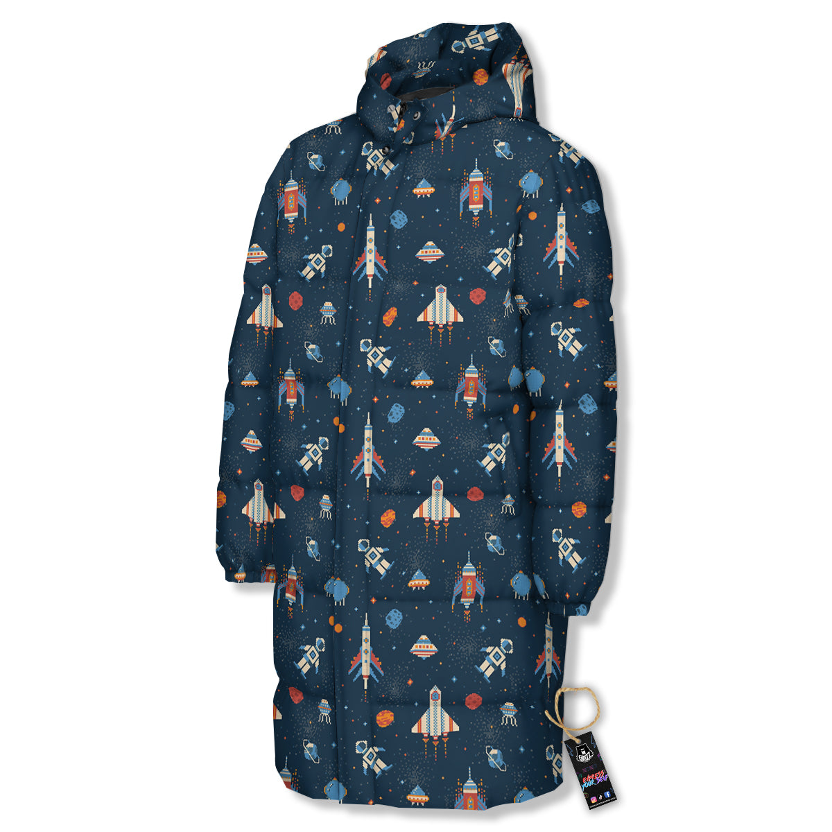 Pixel Space And Astronaut Print Pattern Long Down Jacket