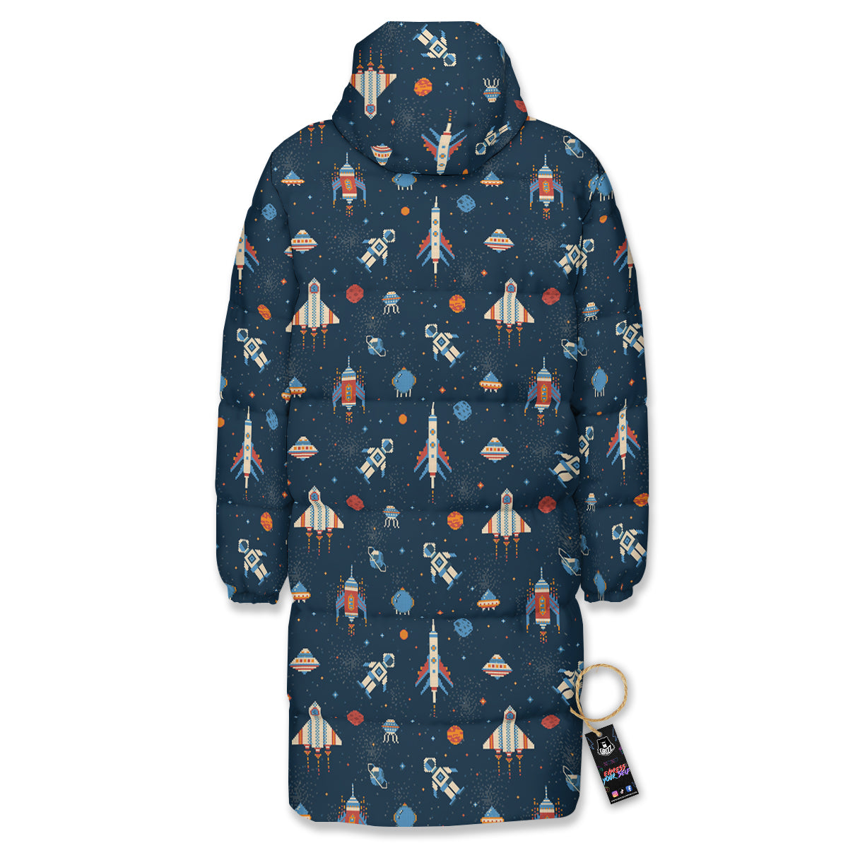 Pixel Space And Astronaut Print Pattern Long Down Jacket