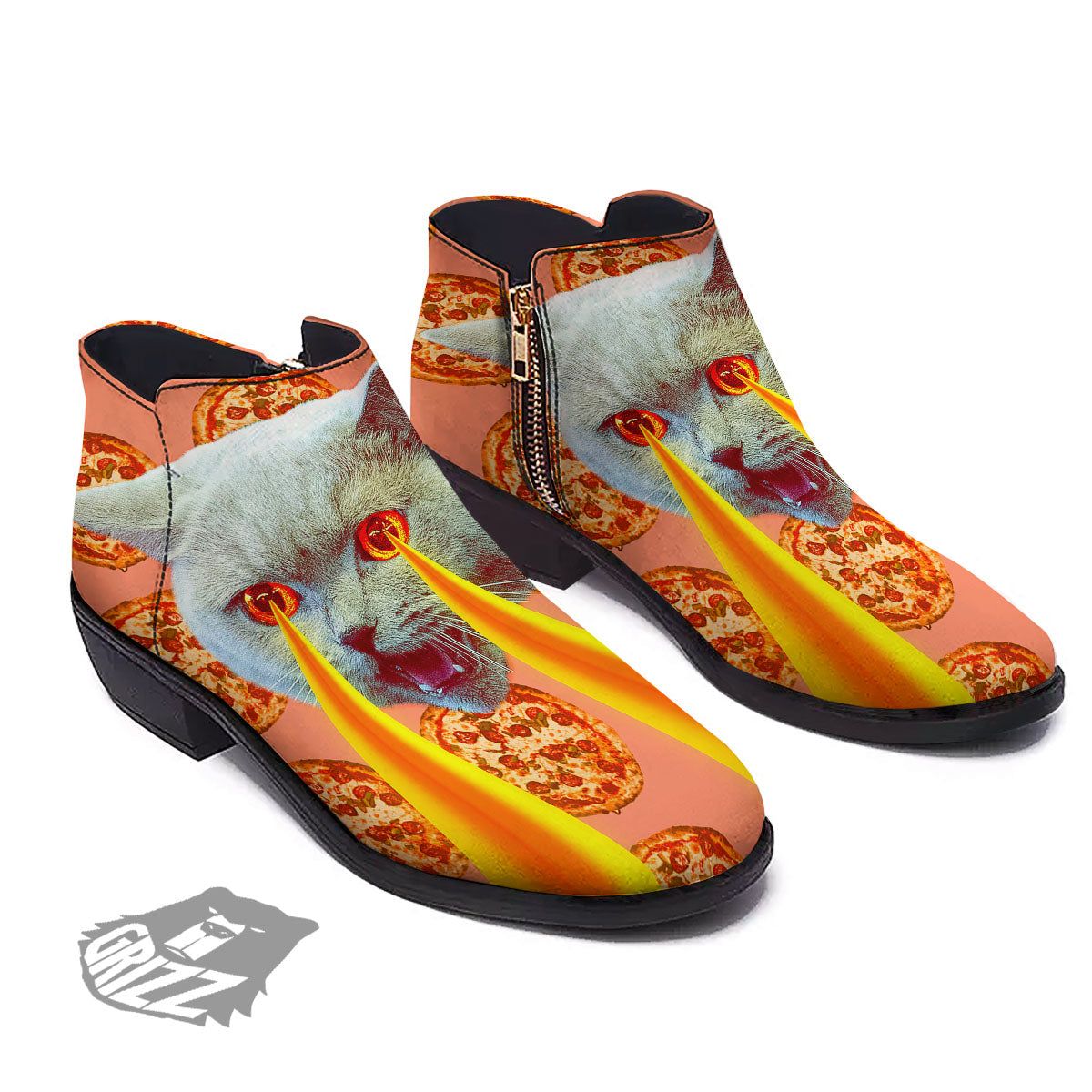 Pizza And Cat Print Ankle Boots-grizzshop