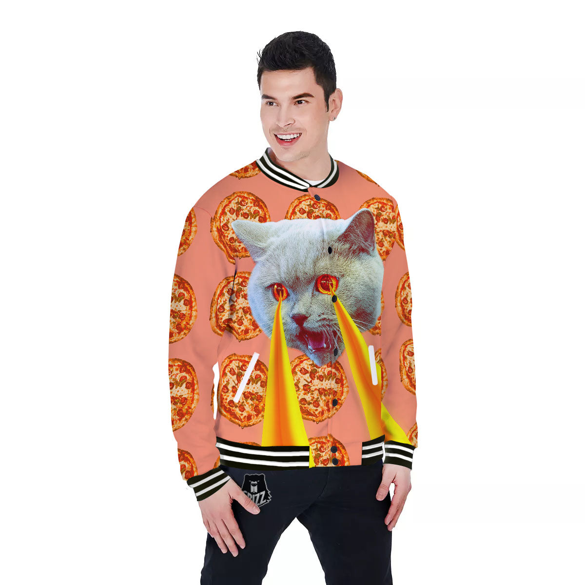 Pizza And Cat Print Baseball Jacket-grizzshop