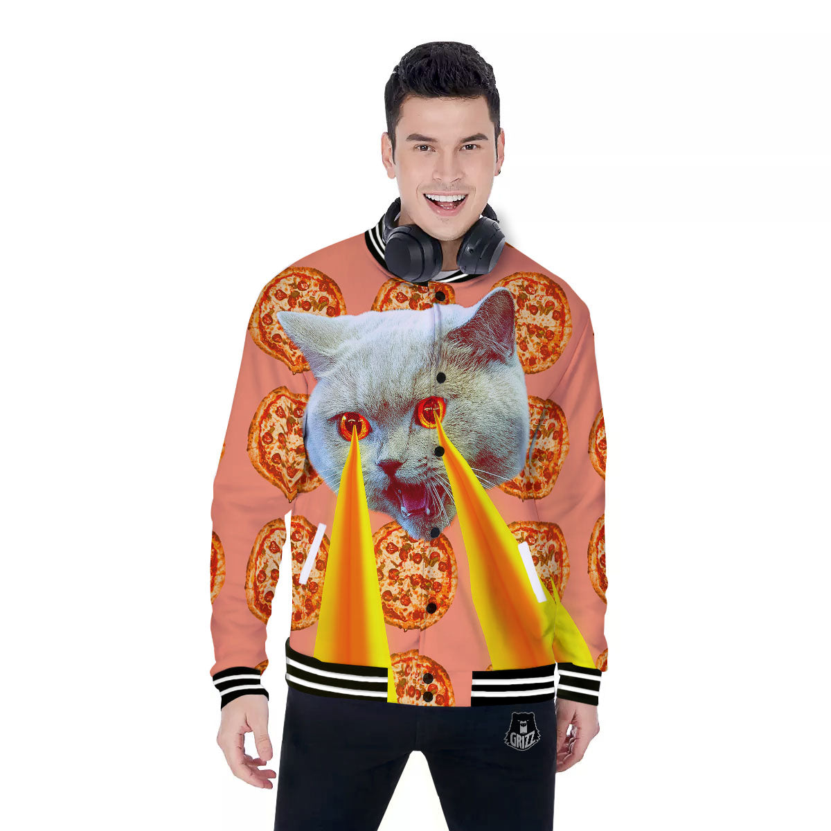 Pizza And Cat Print Baseball Jacket-grizzshop
