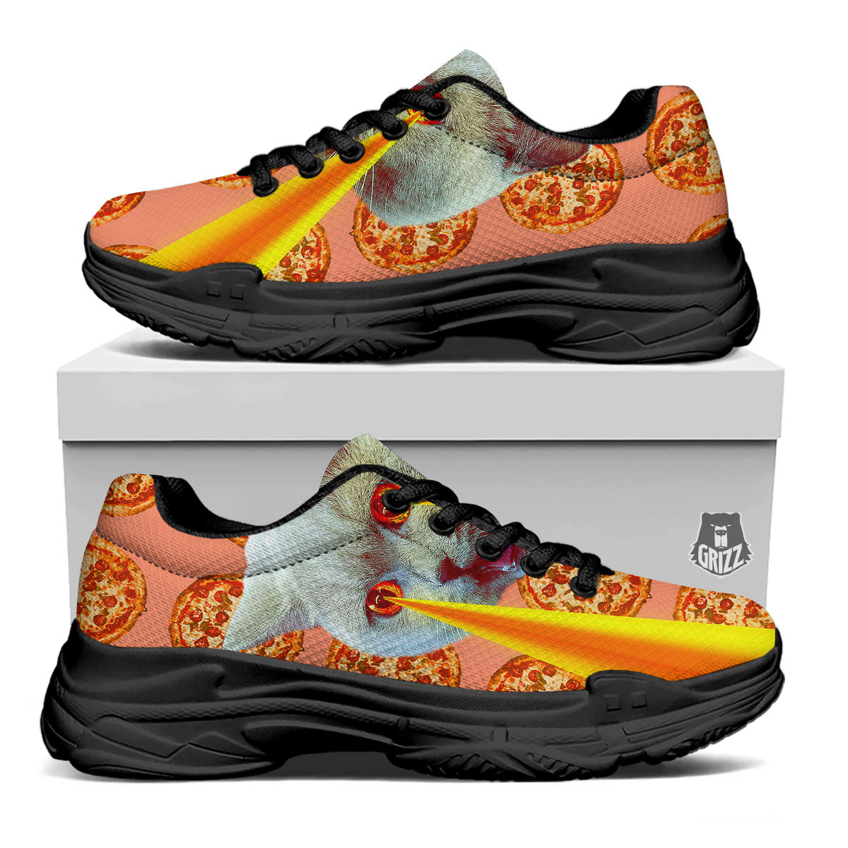 Pizza And Cat Print Black Chunky Shoes-grizzshop