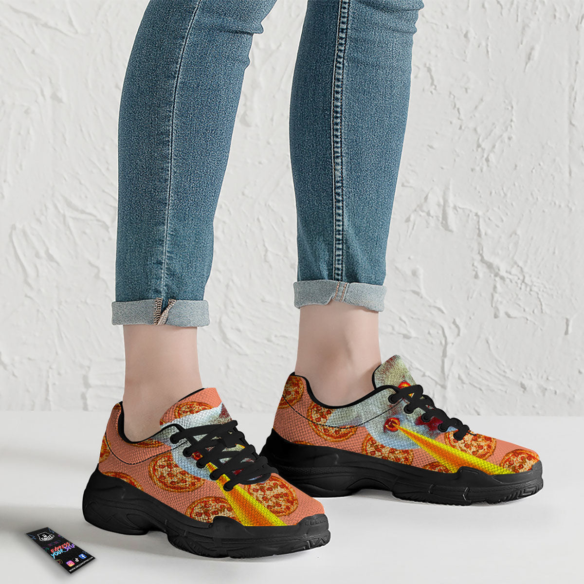 Pizza And Cat Print Black Chunky Shoes-grizzshop