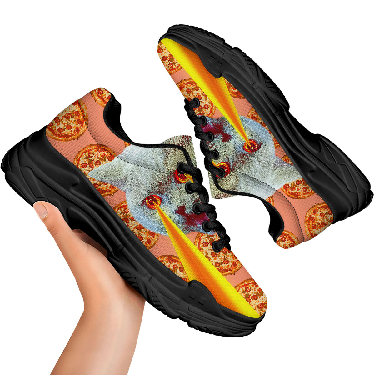 Pizza And Cat Print Black Chunky Shoes-grizzshop