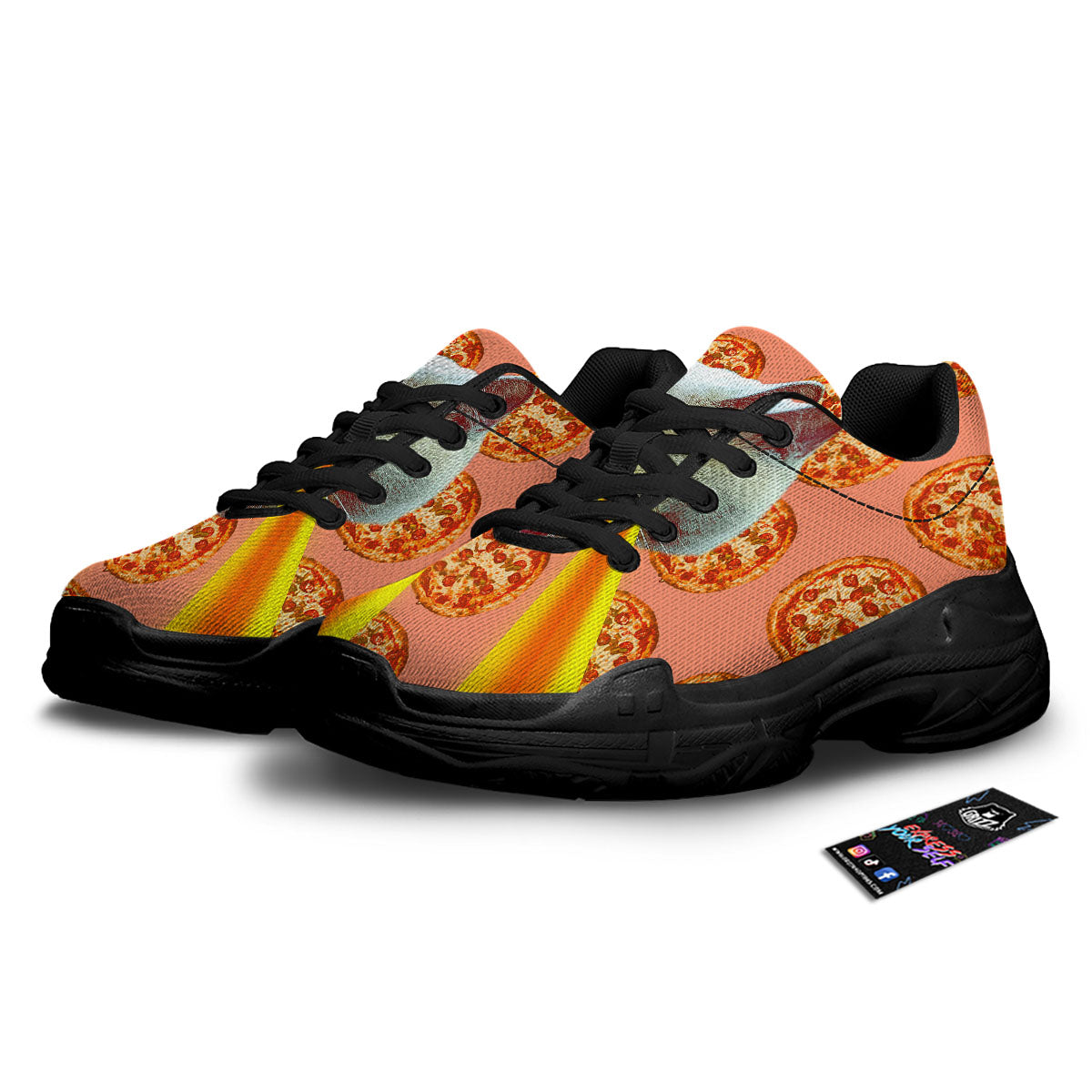 Pizza And Cat Print Black Chunky Shoes-grizzshop