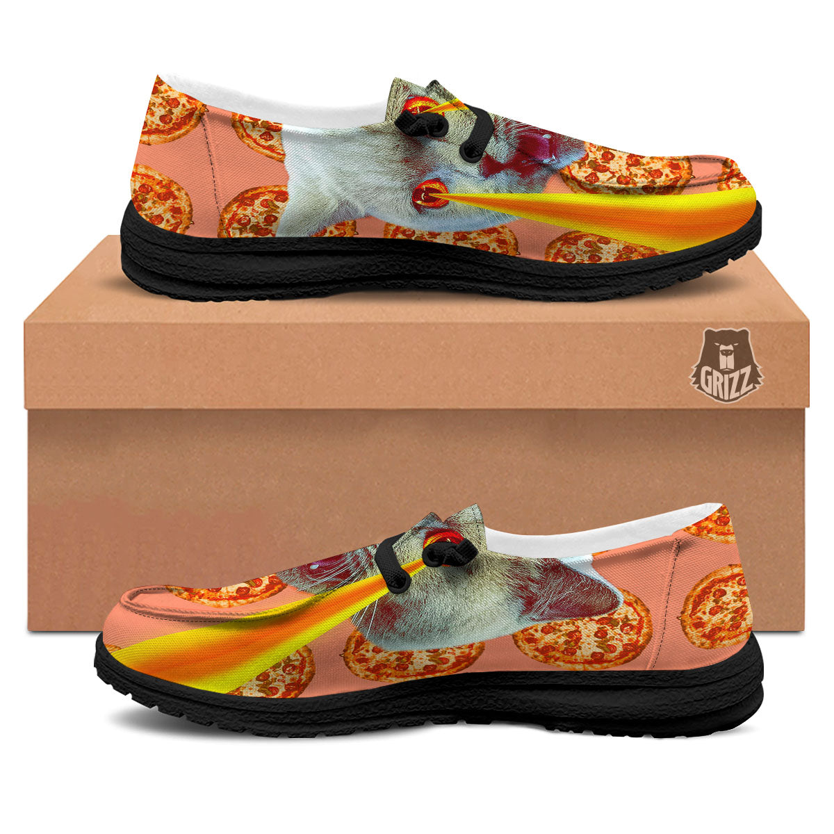 Pizza And Cat Print Black Loafers-grizzshop