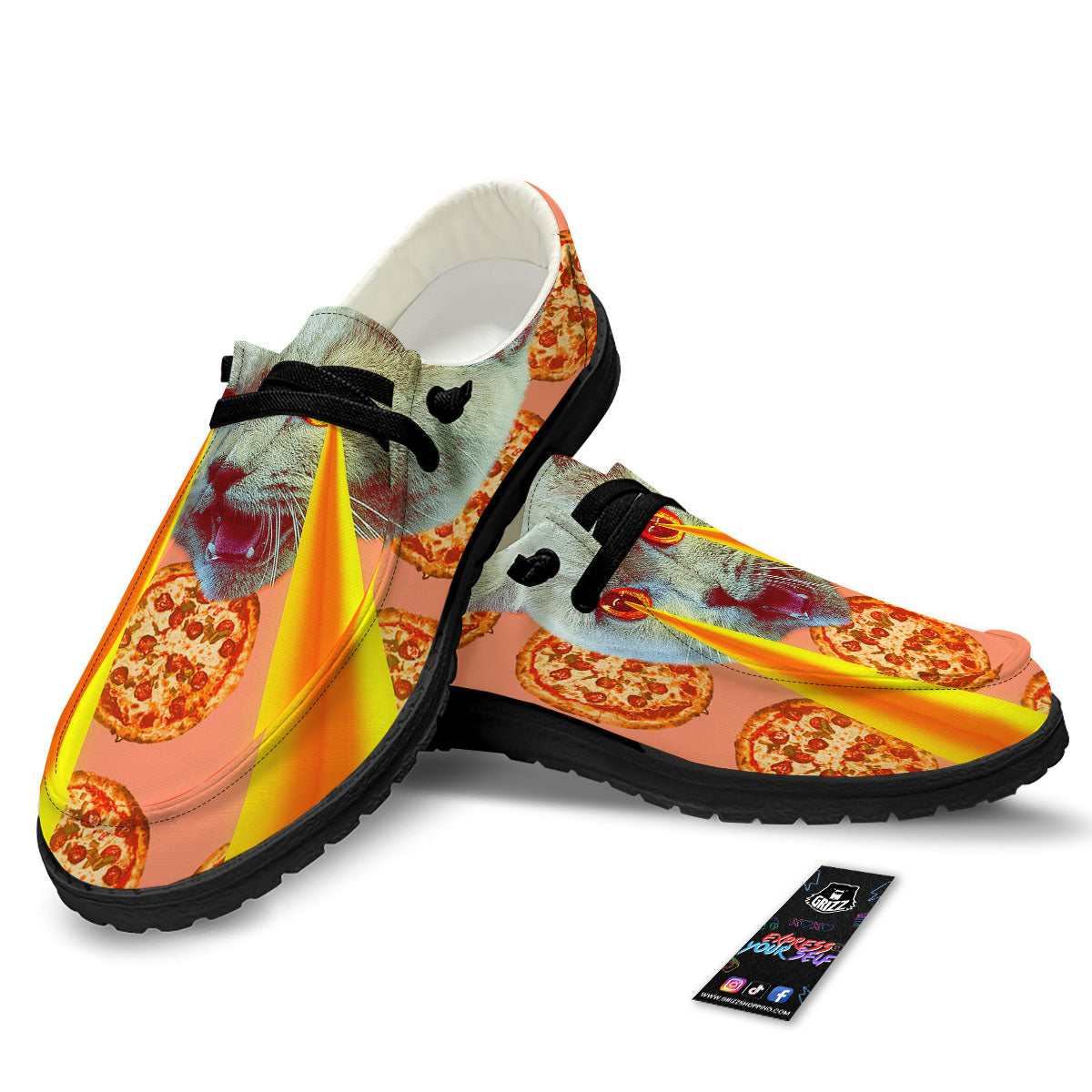 Pizza And Cat Print Black Loafers-grizzshop