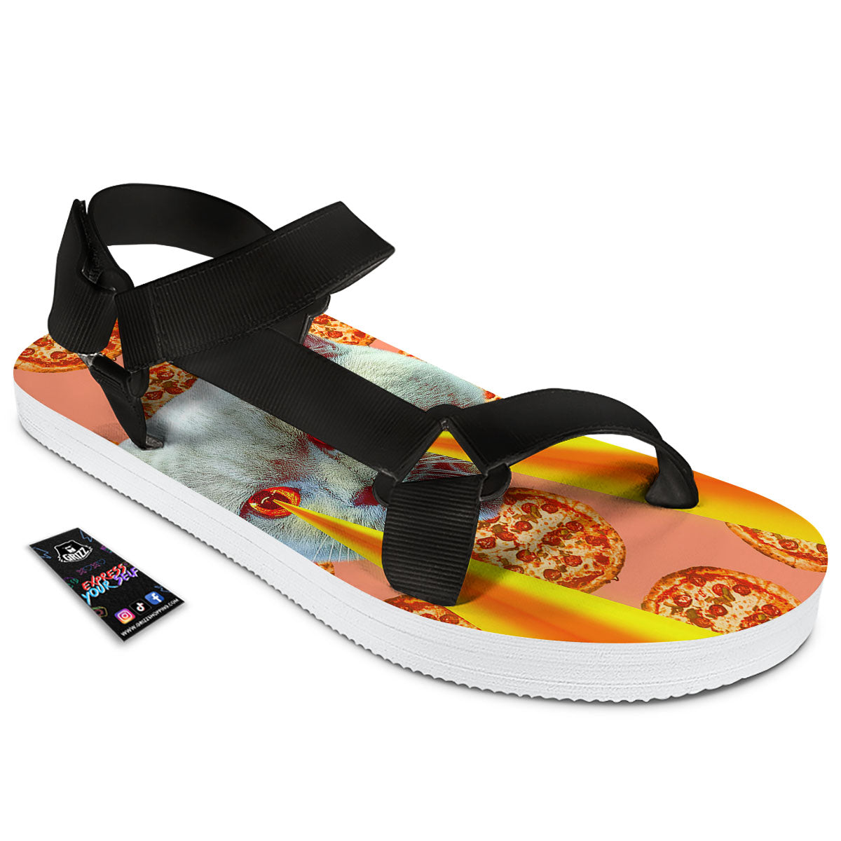 Pizza And Cat Print Black Open Toe Sandals-grizzshop