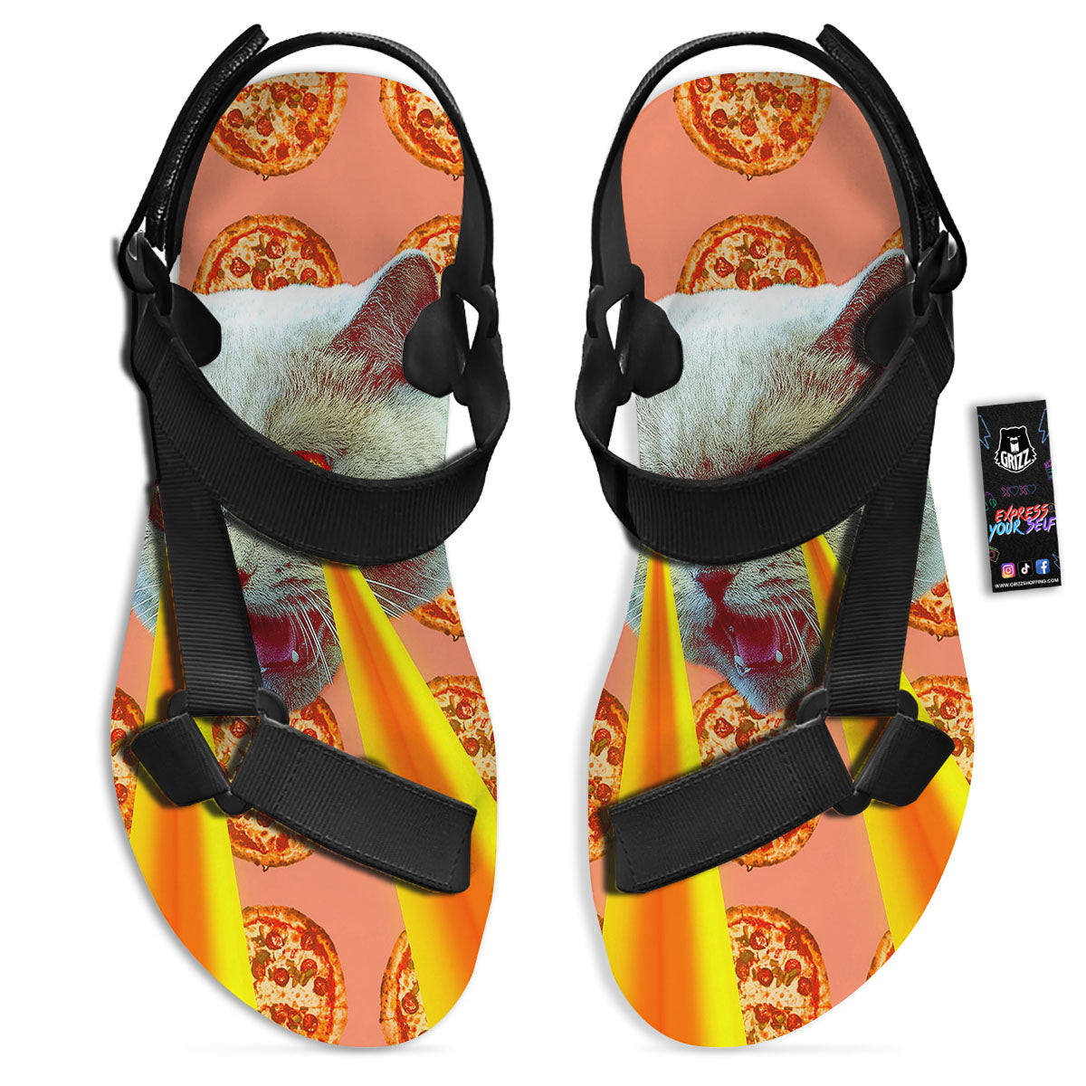 Pizza And Cat Print Black Open Toe Sandals-grizzshop