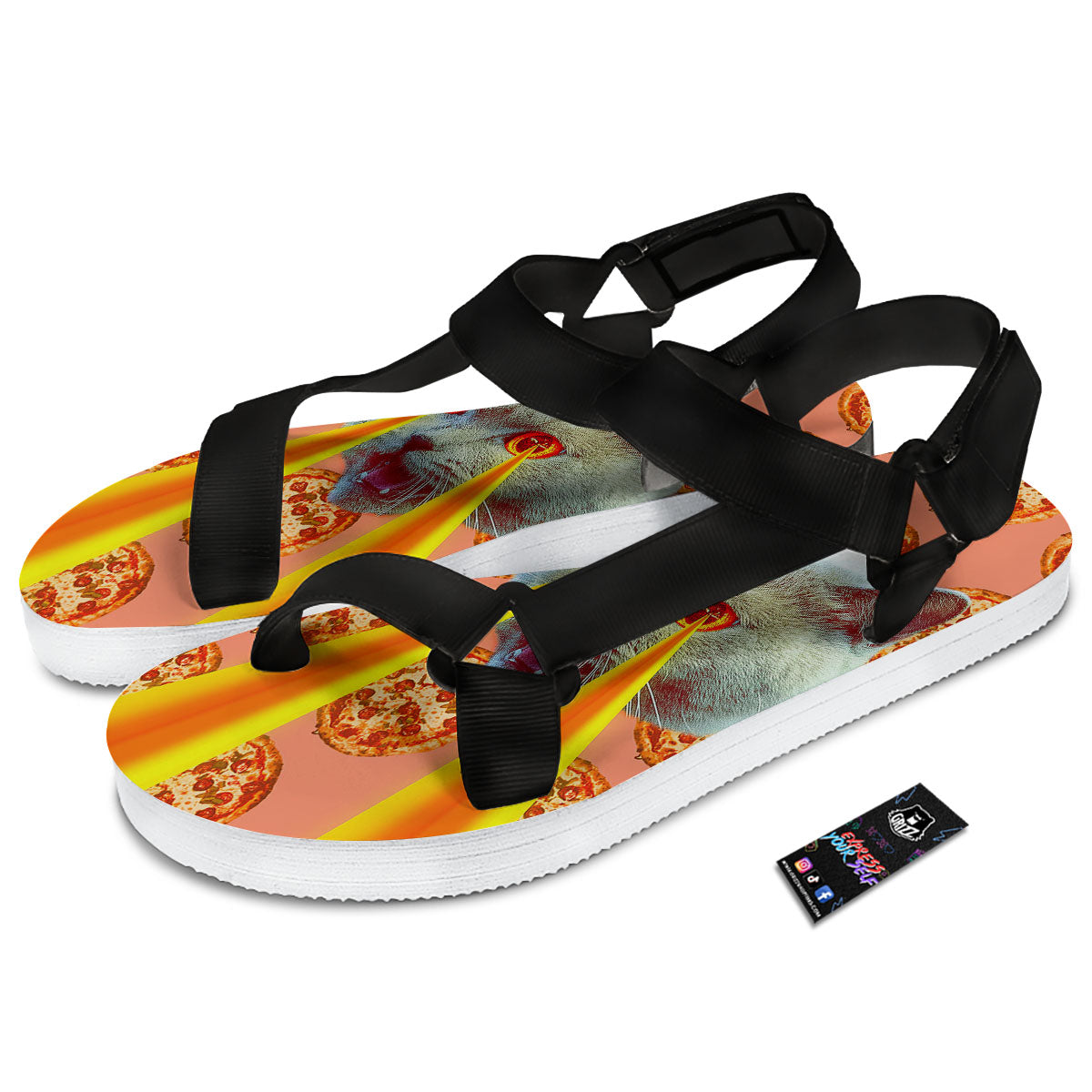 Pizza And Cat Print Black Open Toe Sandals-grizzshop