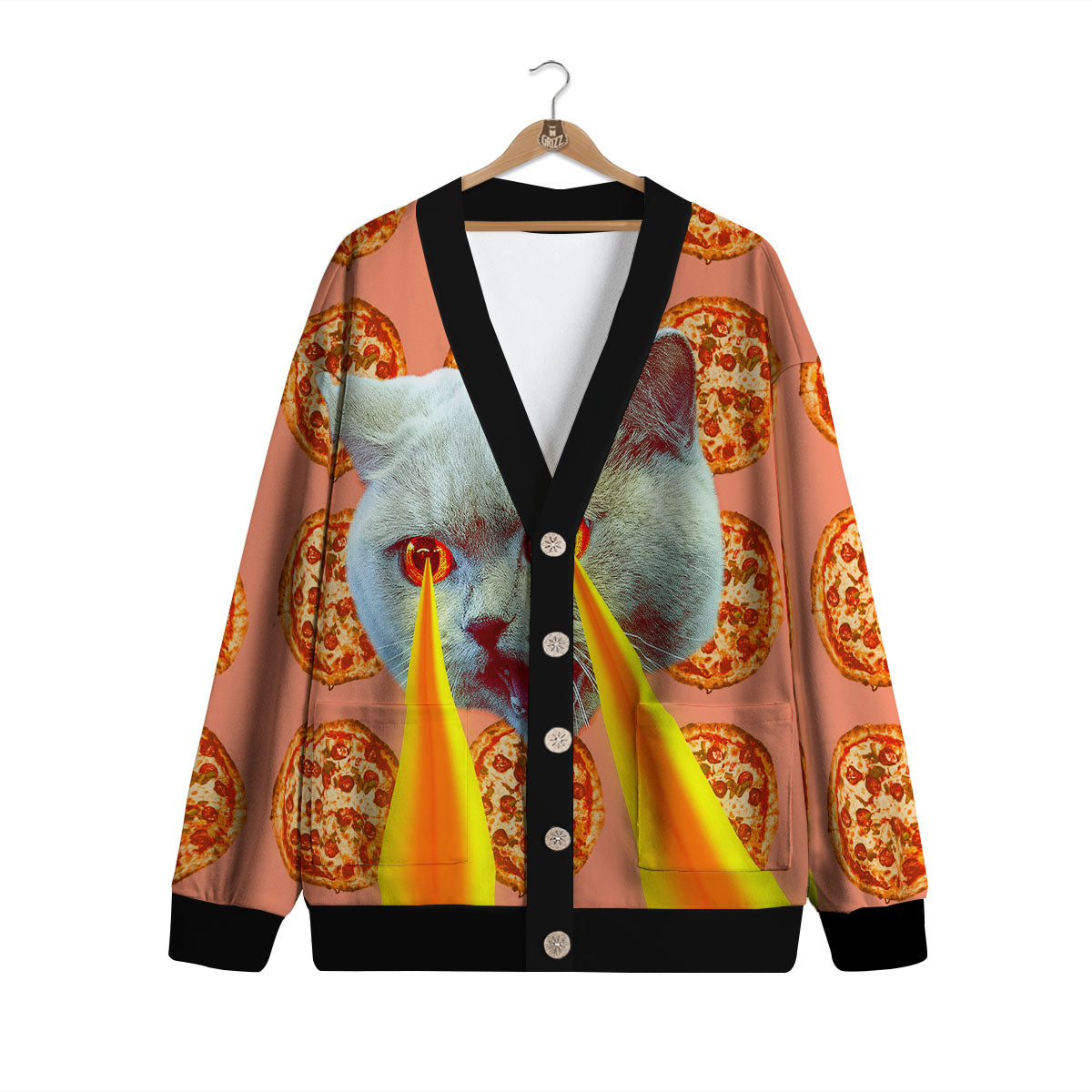 Pizza And Cat Print Cardigan-grizzshop