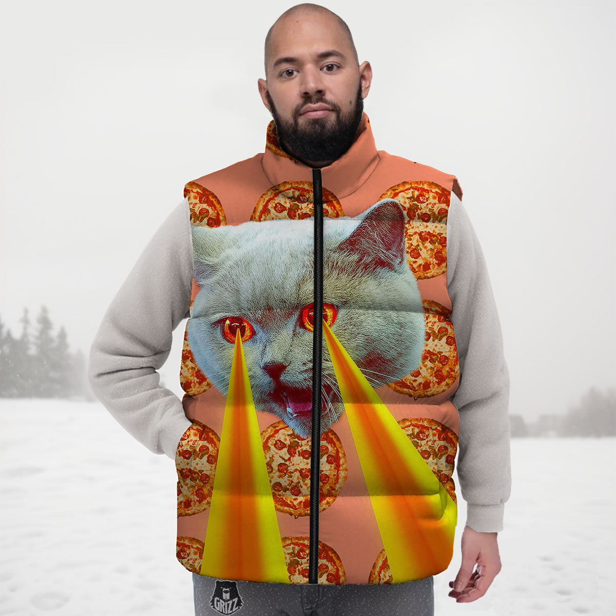Pizza And Cat Print Down Vest