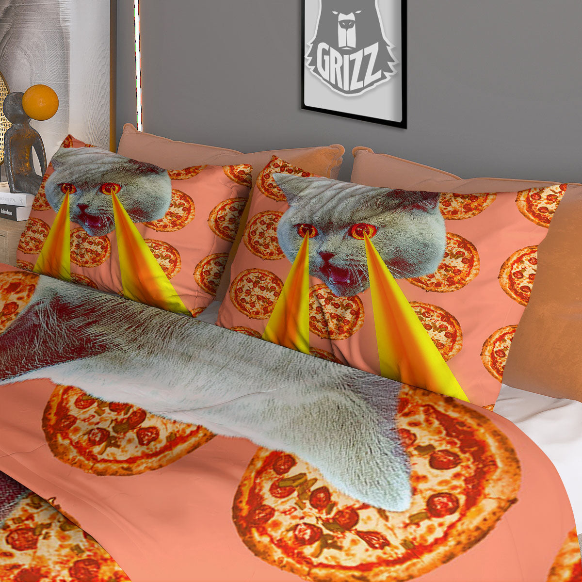 Pizza And Cat Print Duvet Cover Bedding Set