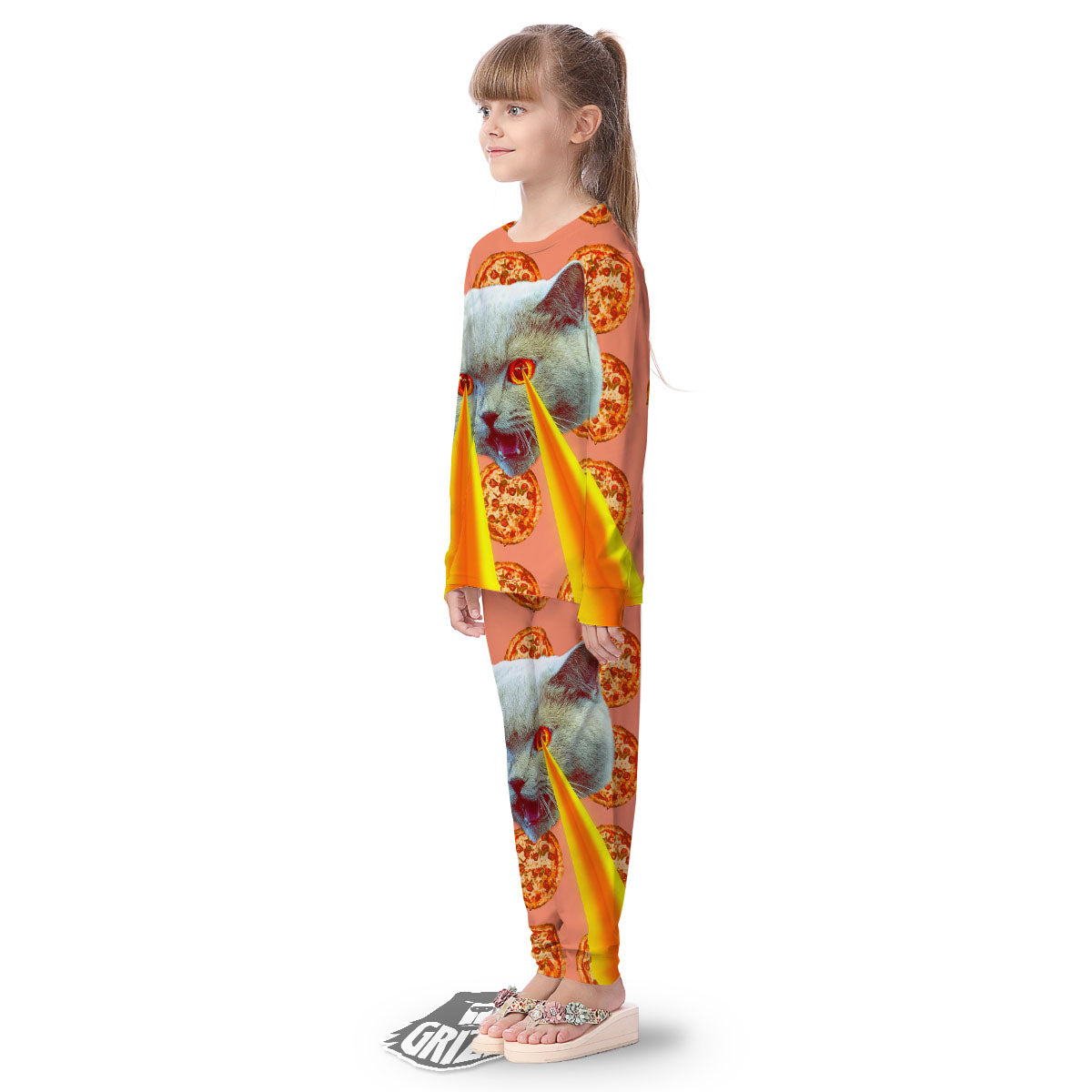 Pizza And Cat Print Kid's Pajamas-grizzshop