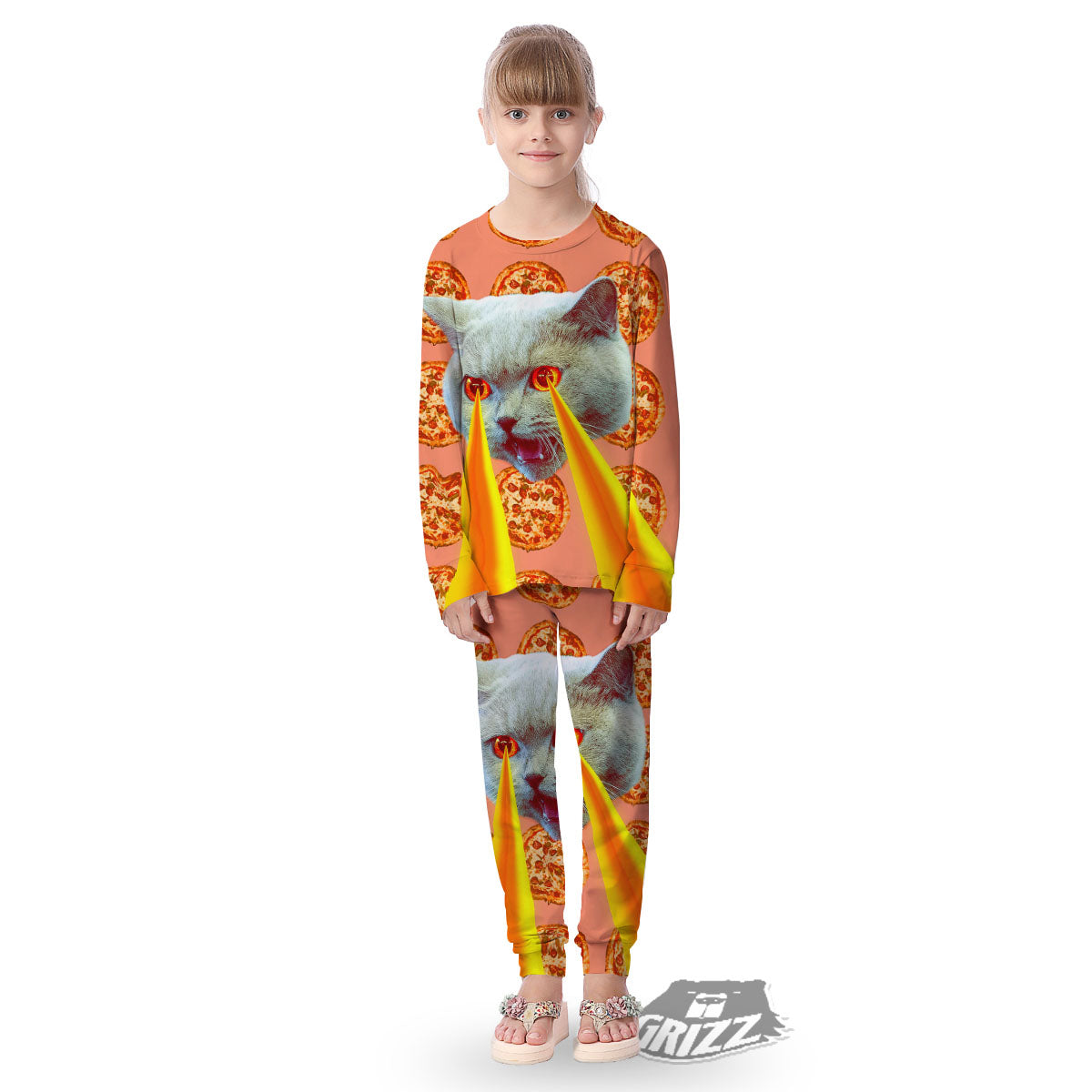 Pizza And Cat Print Kid's Pajamas-grizzshop