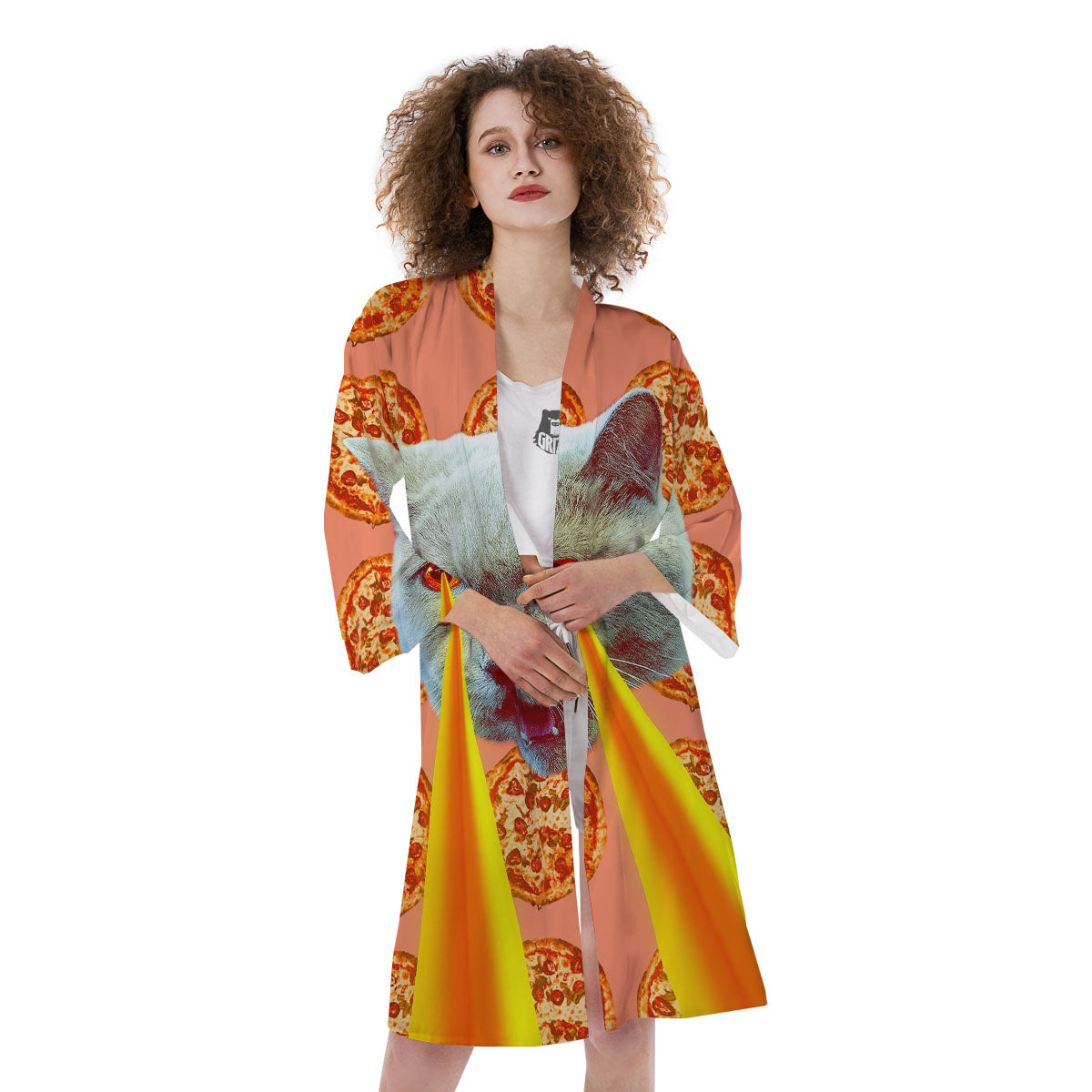 Pizza And Cat Print Kimono-grizzshop