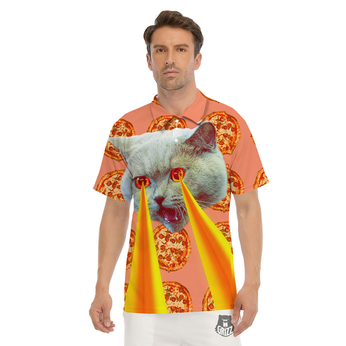 Pizza And Cat Print Men's Golf Shirts-grizzshop