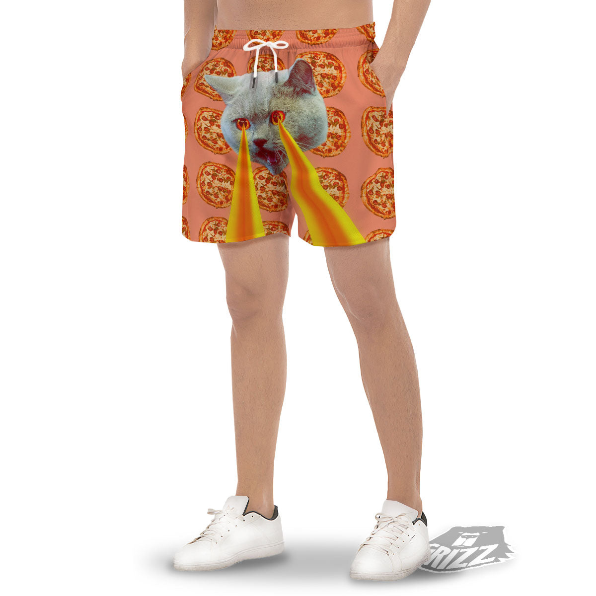 Pizza And Cat Print Men's Gym Shorts-grizzshop
