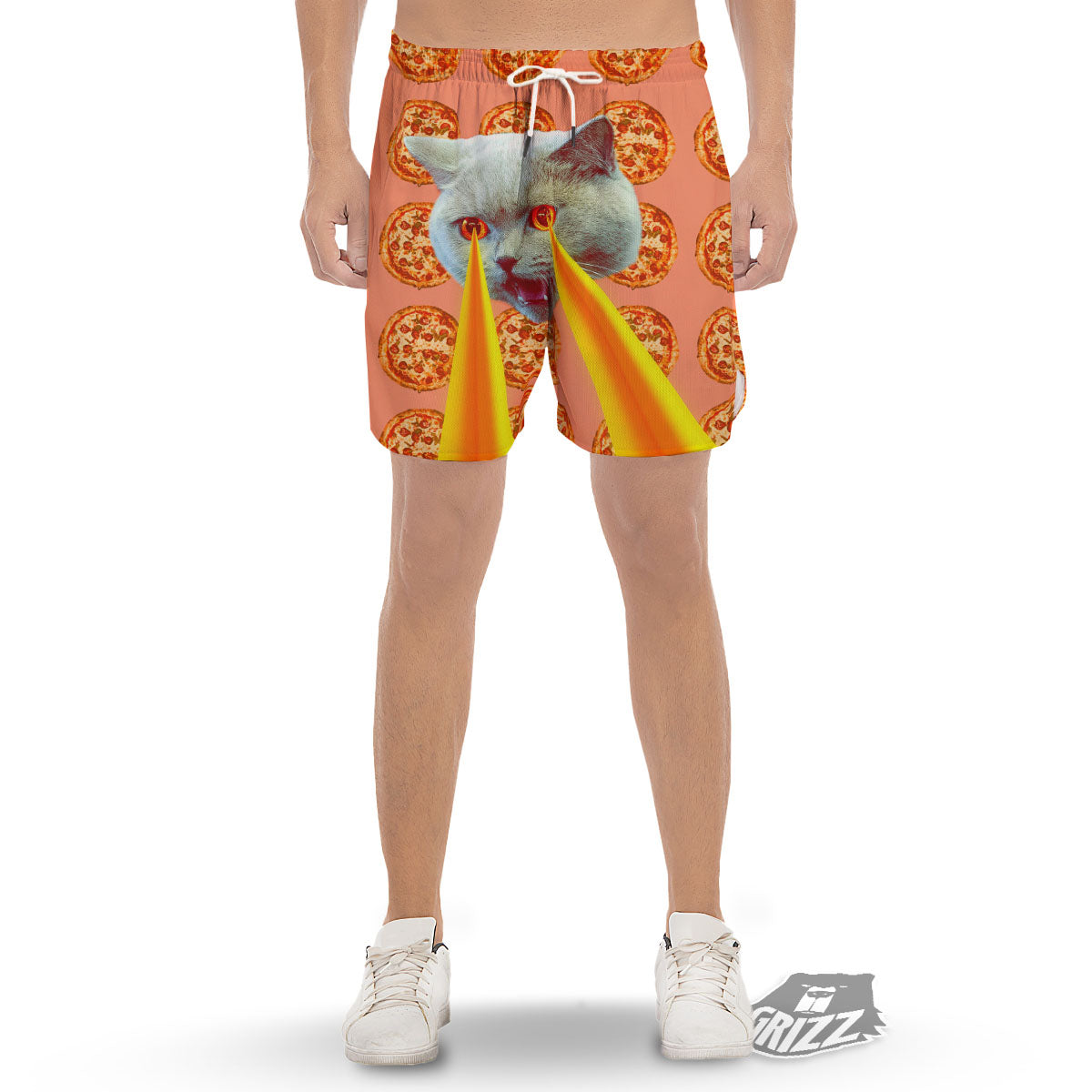 Pizza And Cat Print Men's Gym Shorts-grizzshop