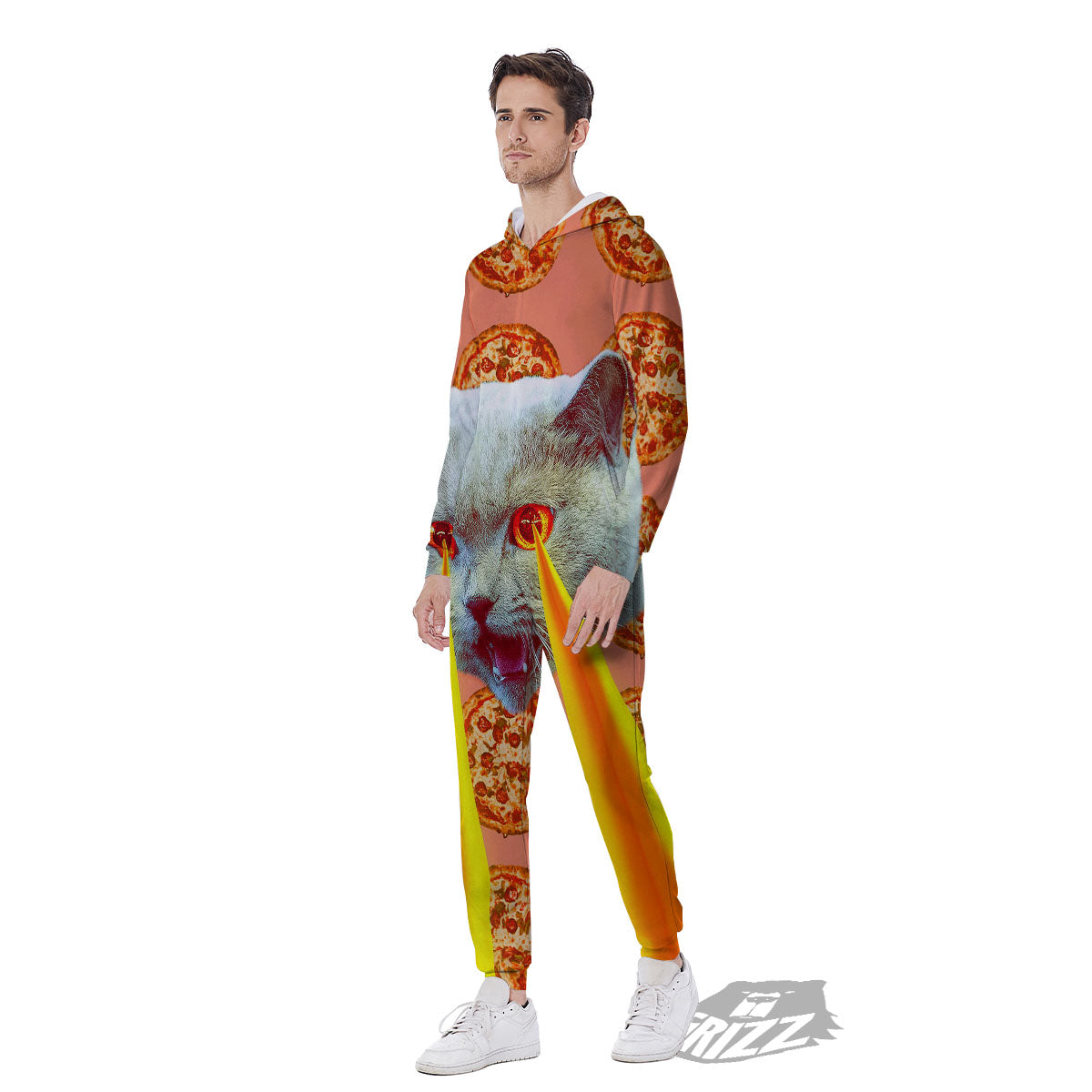 Pizza And Cat Print Men's Jumpsuit-grizzshop