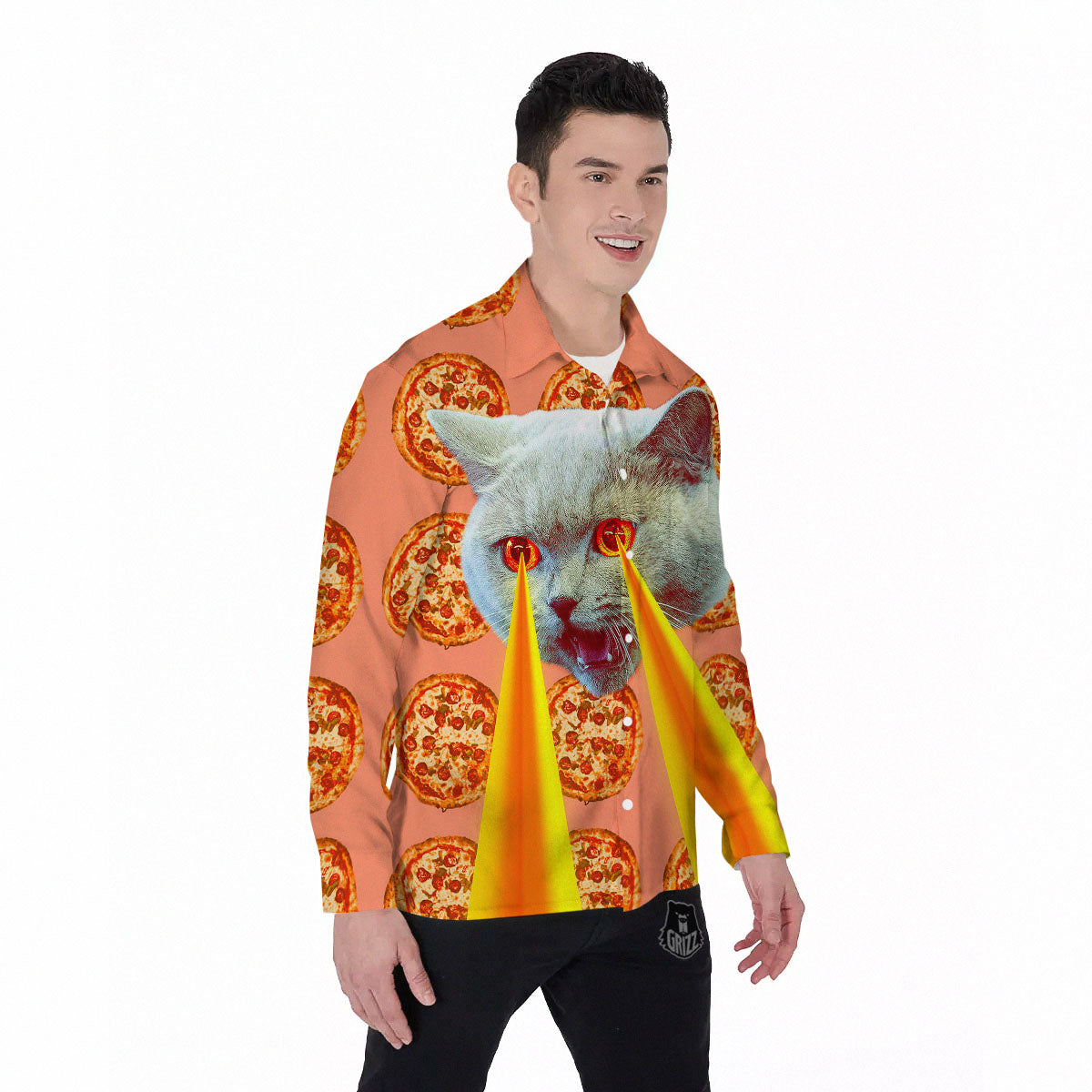 Pizza And Cat Print Men's Long Sleeve Shirts-grizzshop