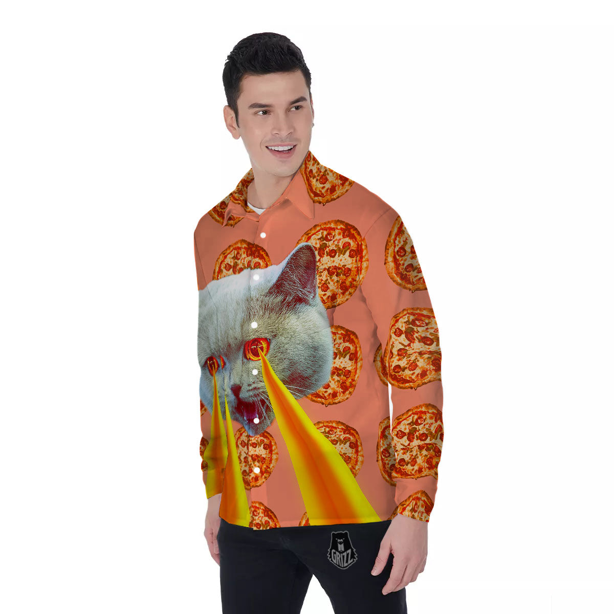 Pizza And Cat Print Men's Long Sleeve Shirts-grizzshop