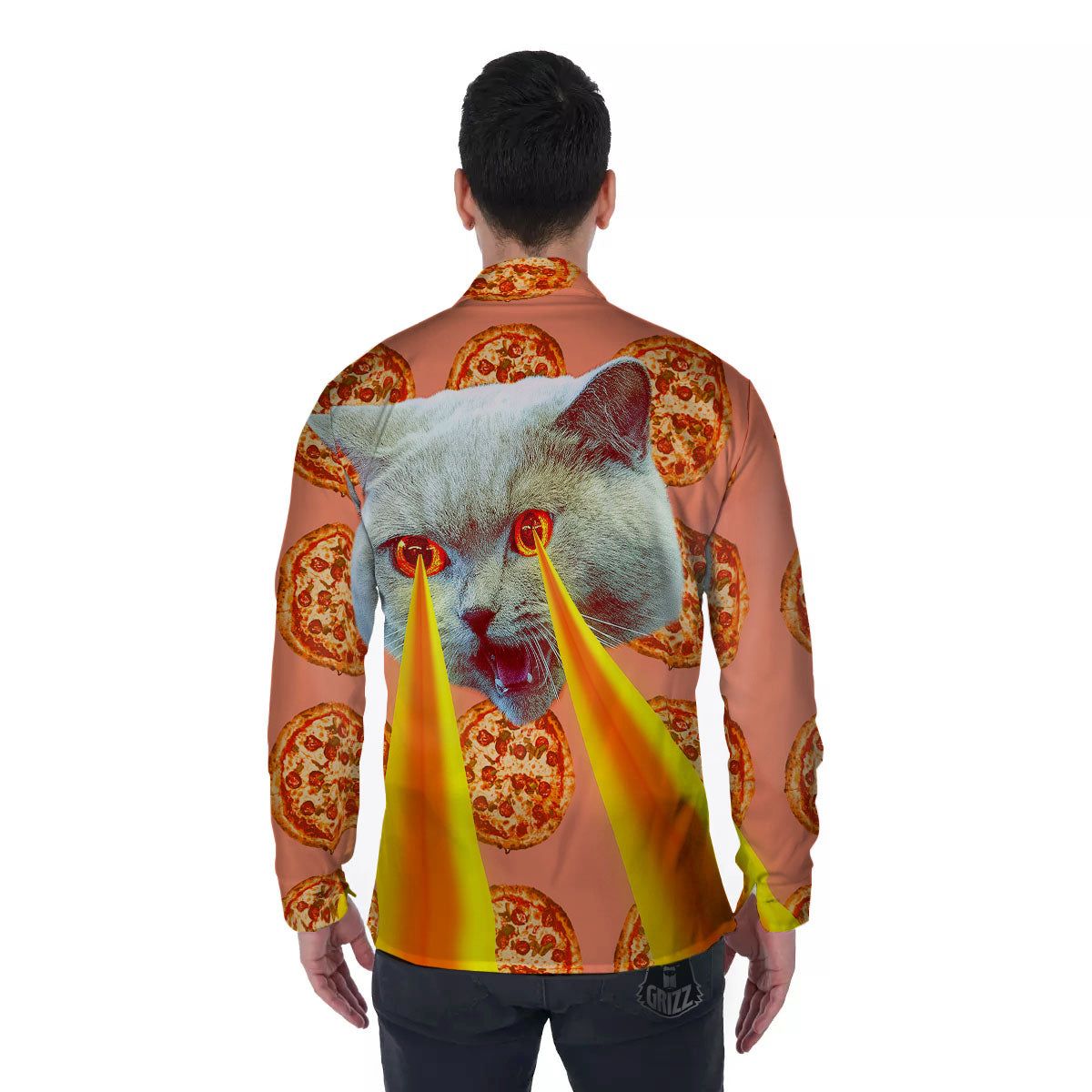 Pizza And Cat Print Men's Long Sleeve Shirts-grizzshop