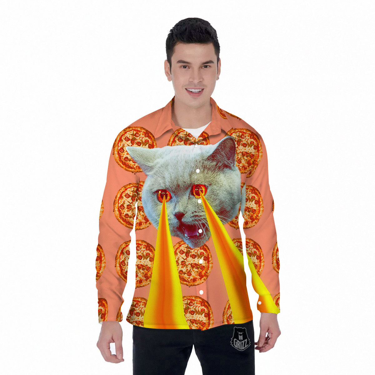 Pizza And Cat Print Men's Long Sleeve Shirts-grizzshop