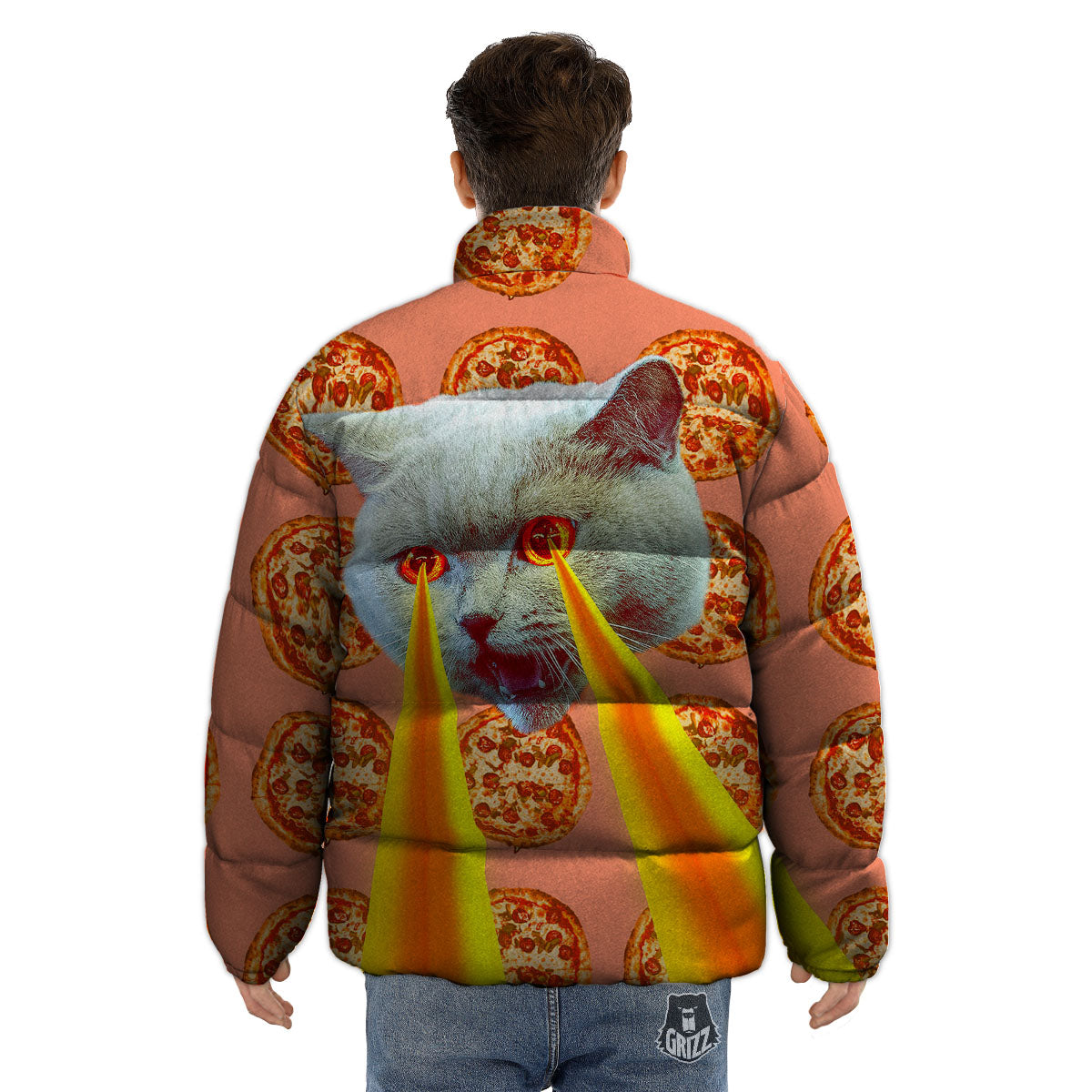 Pizza And Cat Print Puffer Jacket-grizzshop