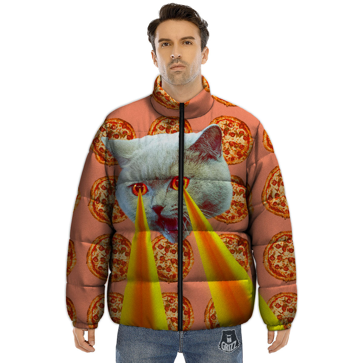 Pizza And Cat Print Puffer Jacket-grizzshop