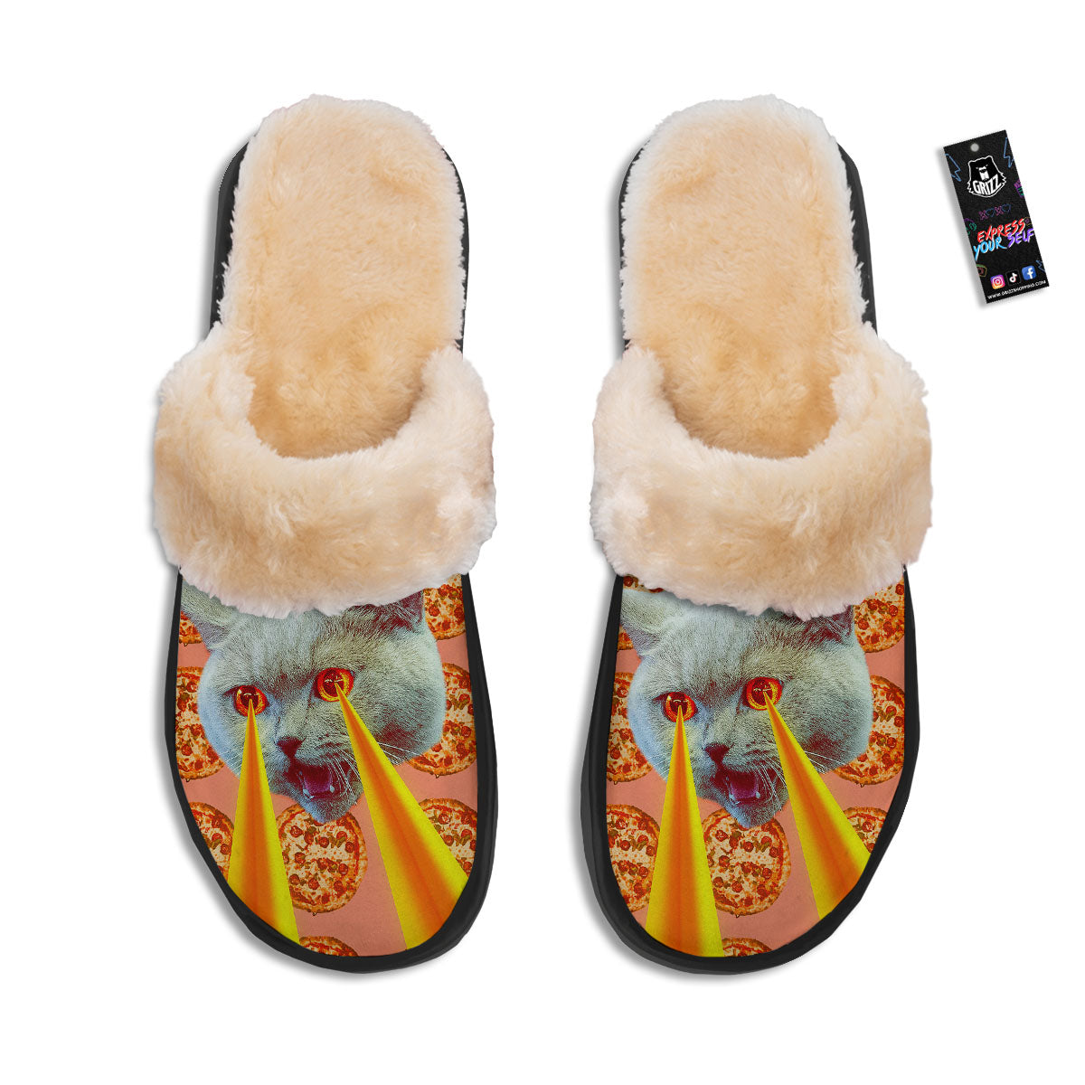 Pizza And Cat Print Slippers-grizzshop