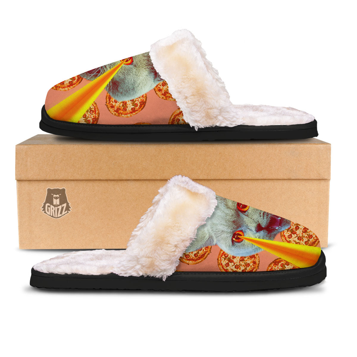 Pizza And Cat Print Slippers-grizzshop