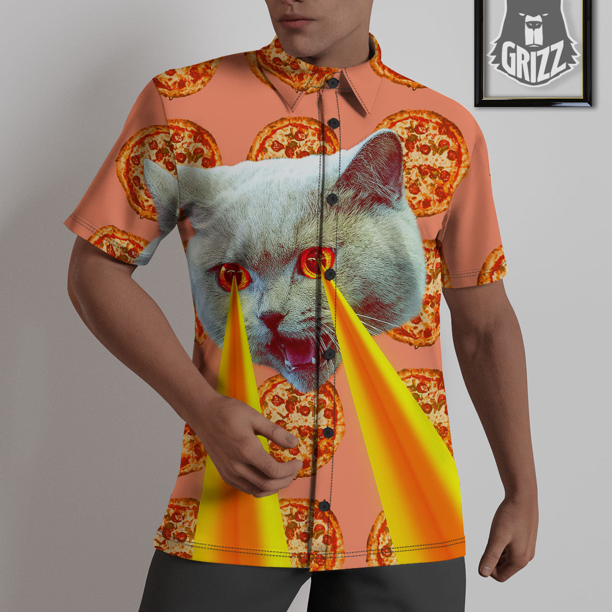 Pizza And Cat Print Untucked Shirts-grizzshop