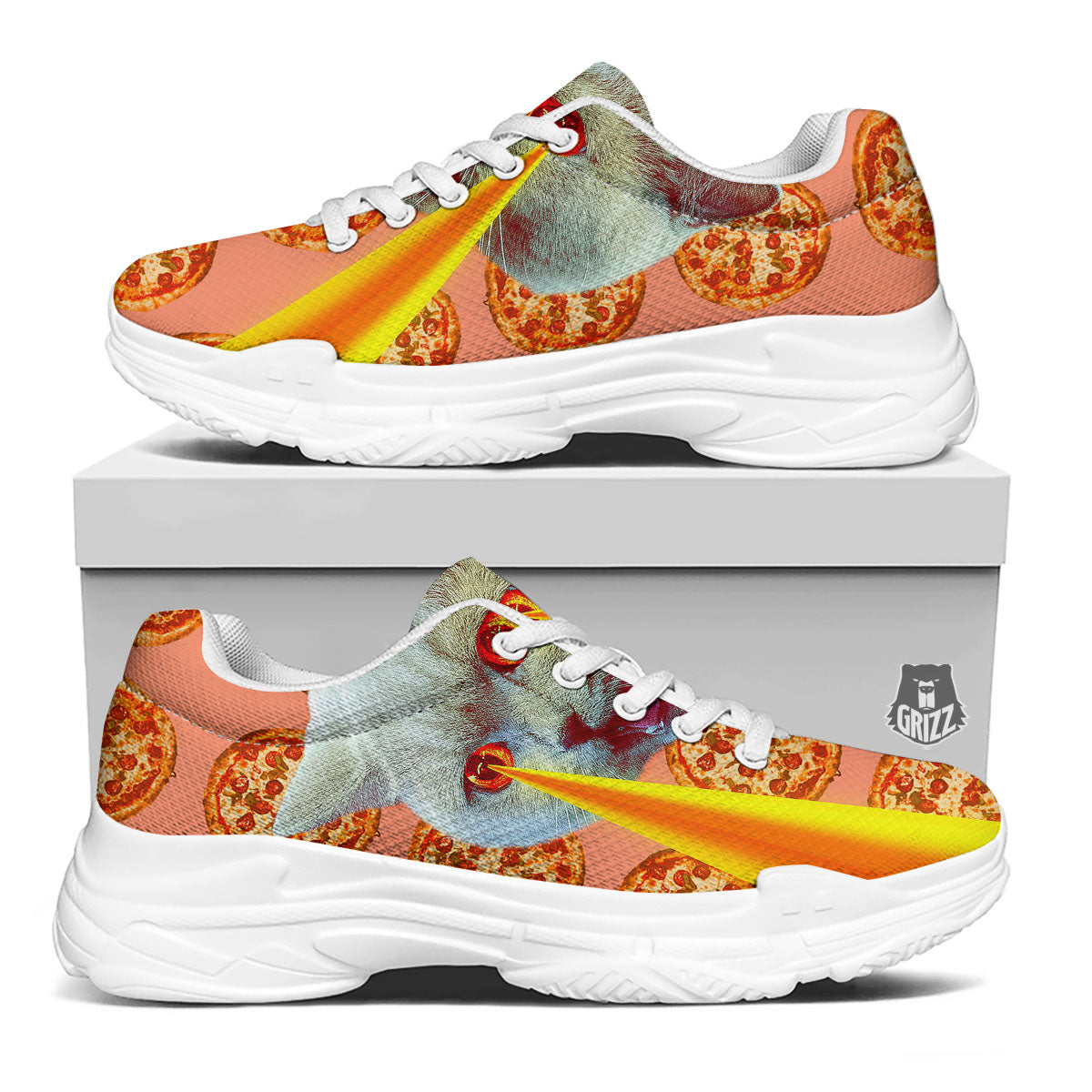Pizza And Cat Print White Chunky Shoes-grizzshop
