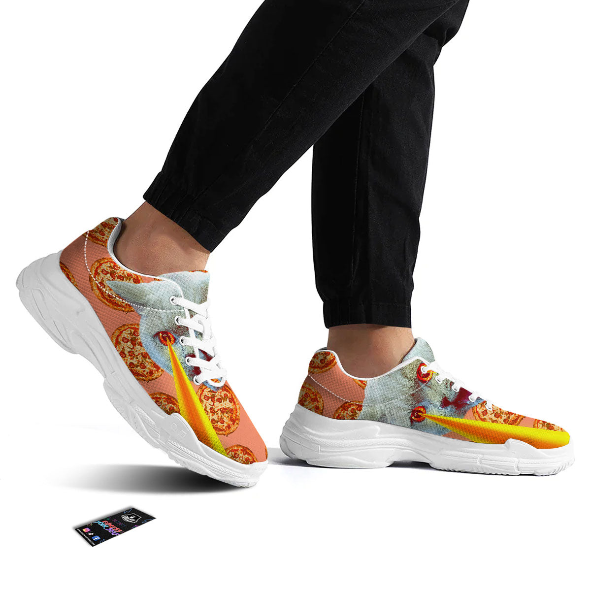 Pizza And Cat Print White Chunky Shoes-grizzshop