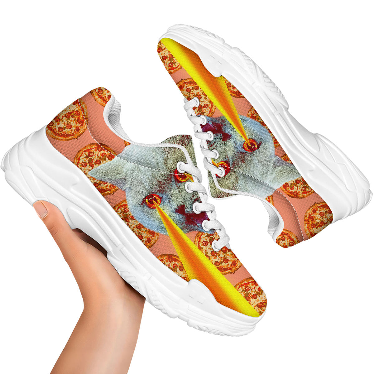 Pizza And Cat Print White Chunky Shoes-grizzshop