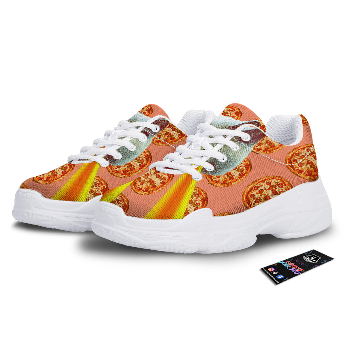 Pizza And Cat Print White Chunky Shoes-grizzshop