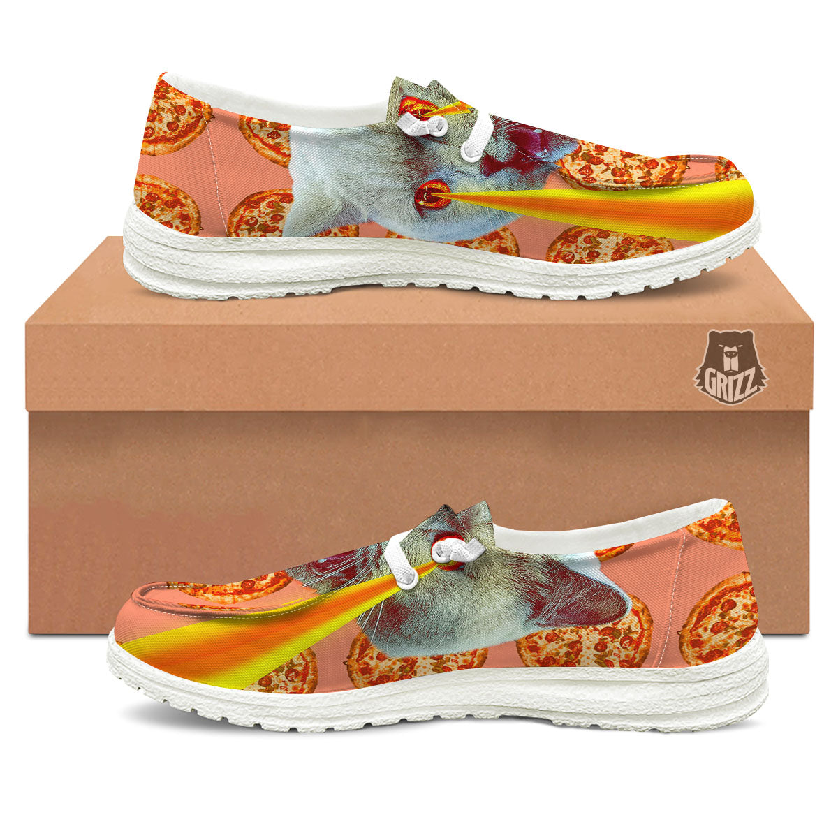 Pizza And Cat Print White Loafers-grizzshop
