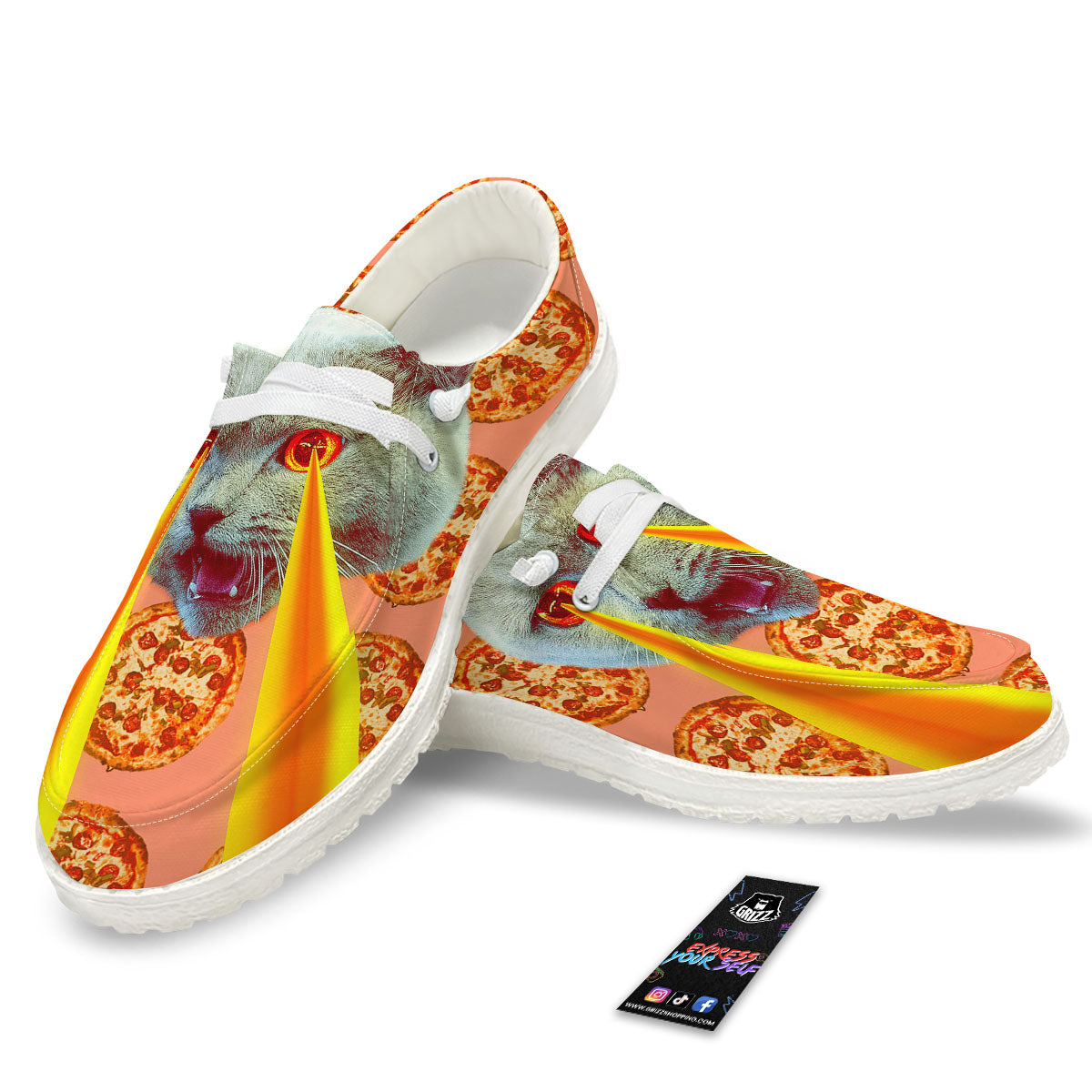 Pizza And Cat Print White Loafers-grizzshop