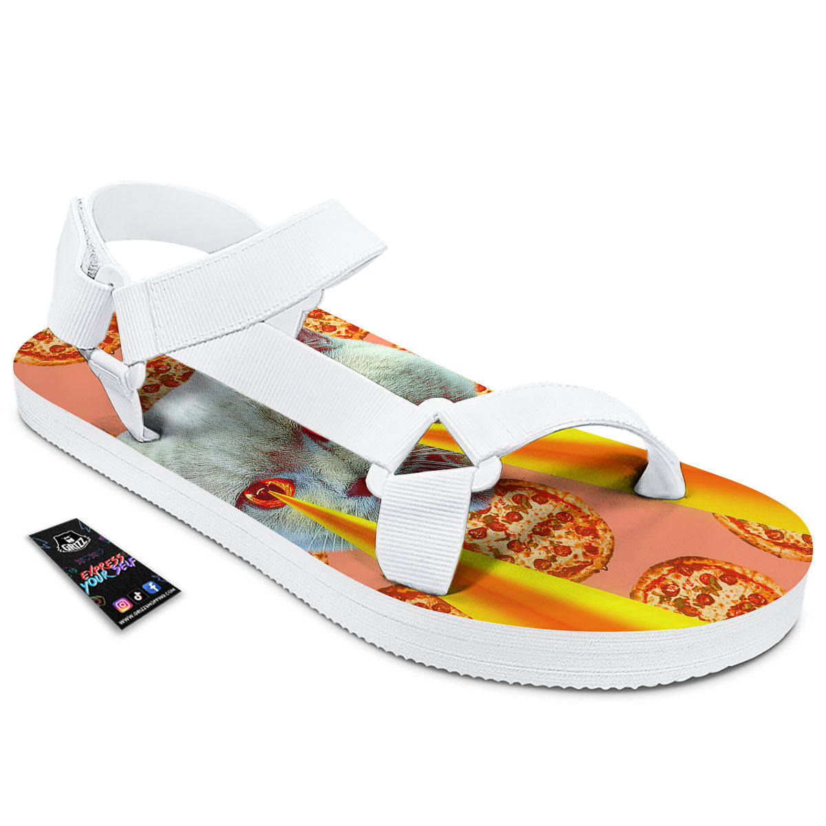 Pizza And Cat Print White Open Toe Sandals-grizzshop