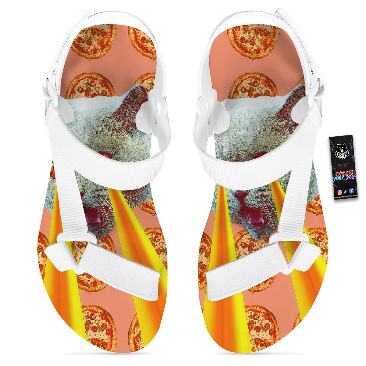 Pizza And Cat Print White Open Toe Sandals-grizzshop