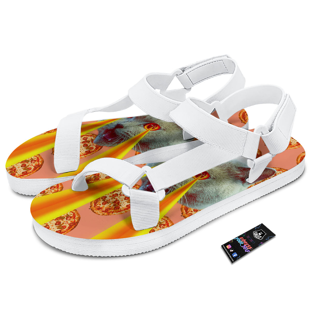 Pizza And Cat Print White Open Toe Sandals-grizzshop