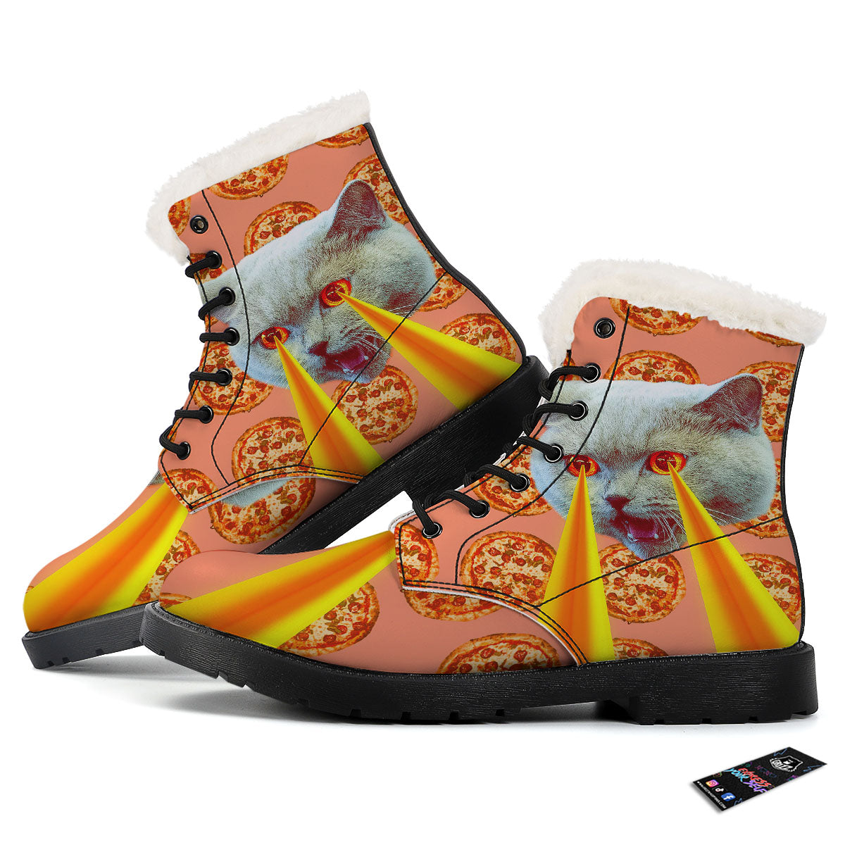 Pizza And Cat Print Winter Boots-grizzshop