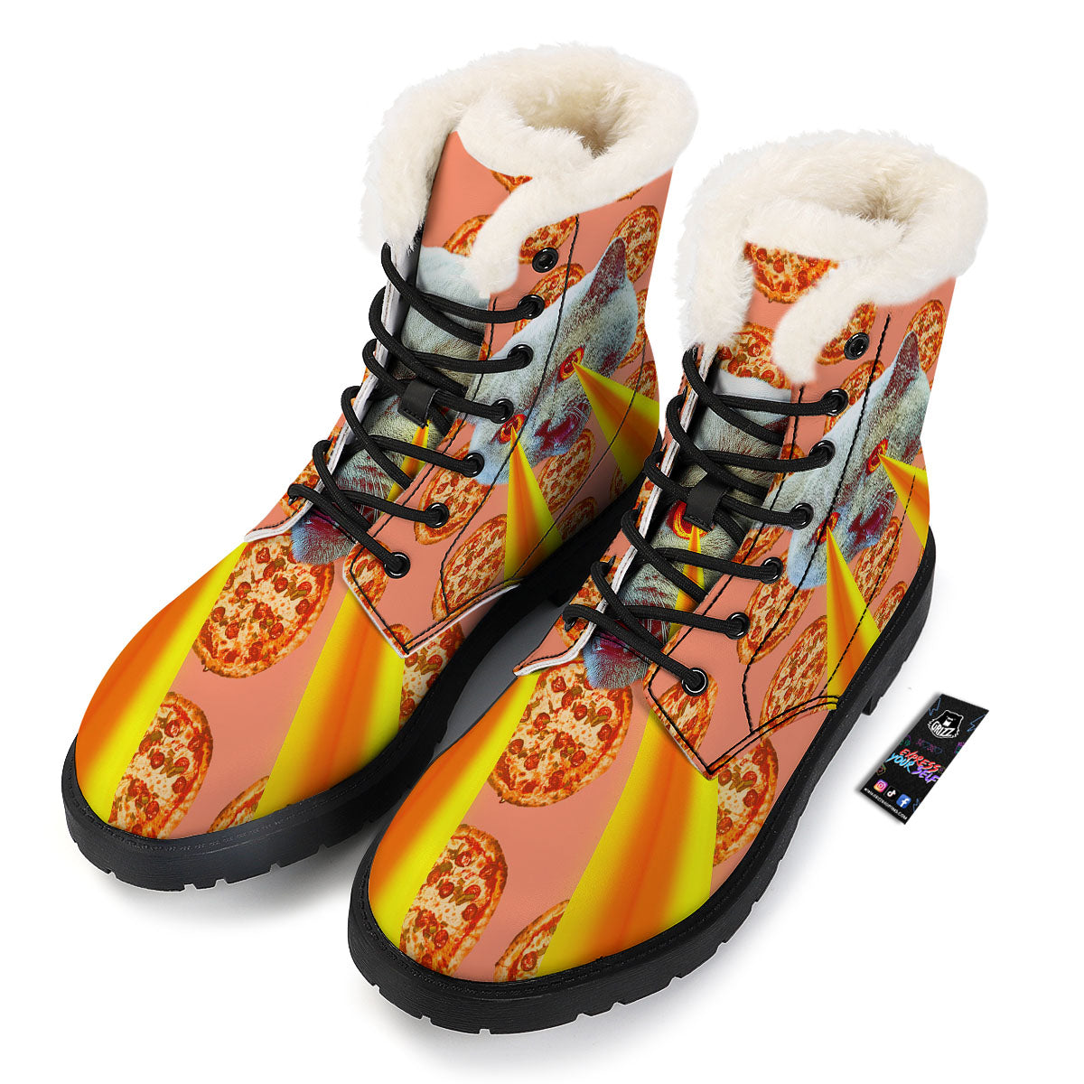 Pizza And Cat Print Winter Boots-grizzshop