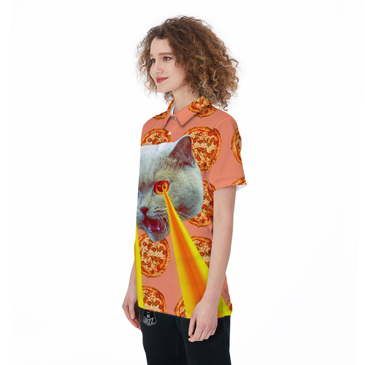 Pizza And Cat Print Women's Golf Shirts-grizzshop