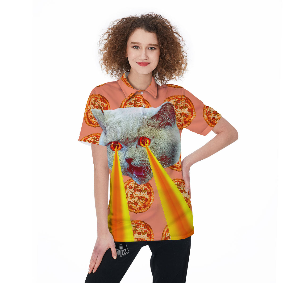 Pizza And Cat Print Women's Golf Shirts-grizzshop