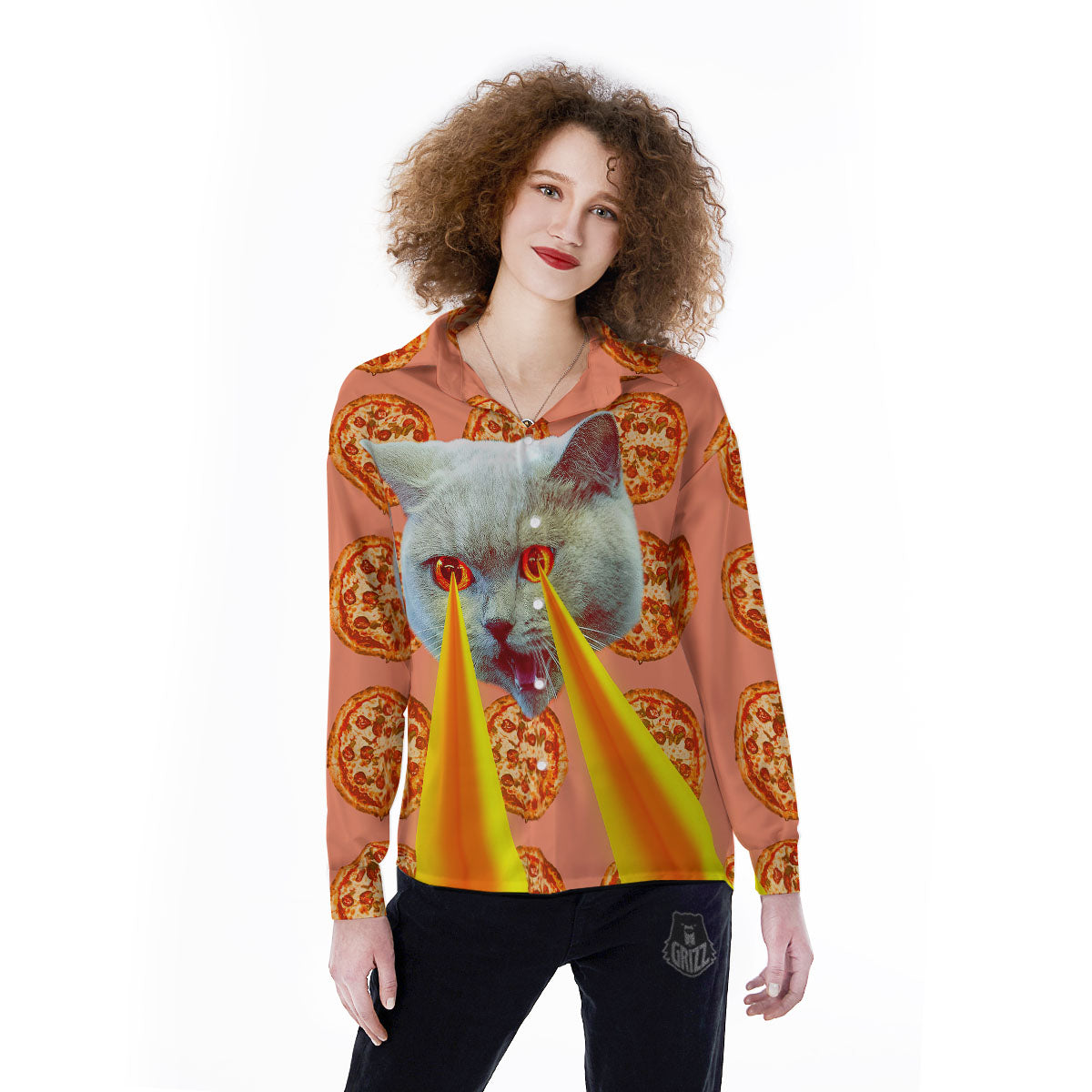 Pizza And Cat Print Women's Long Sleeve Shirts-grizzshop