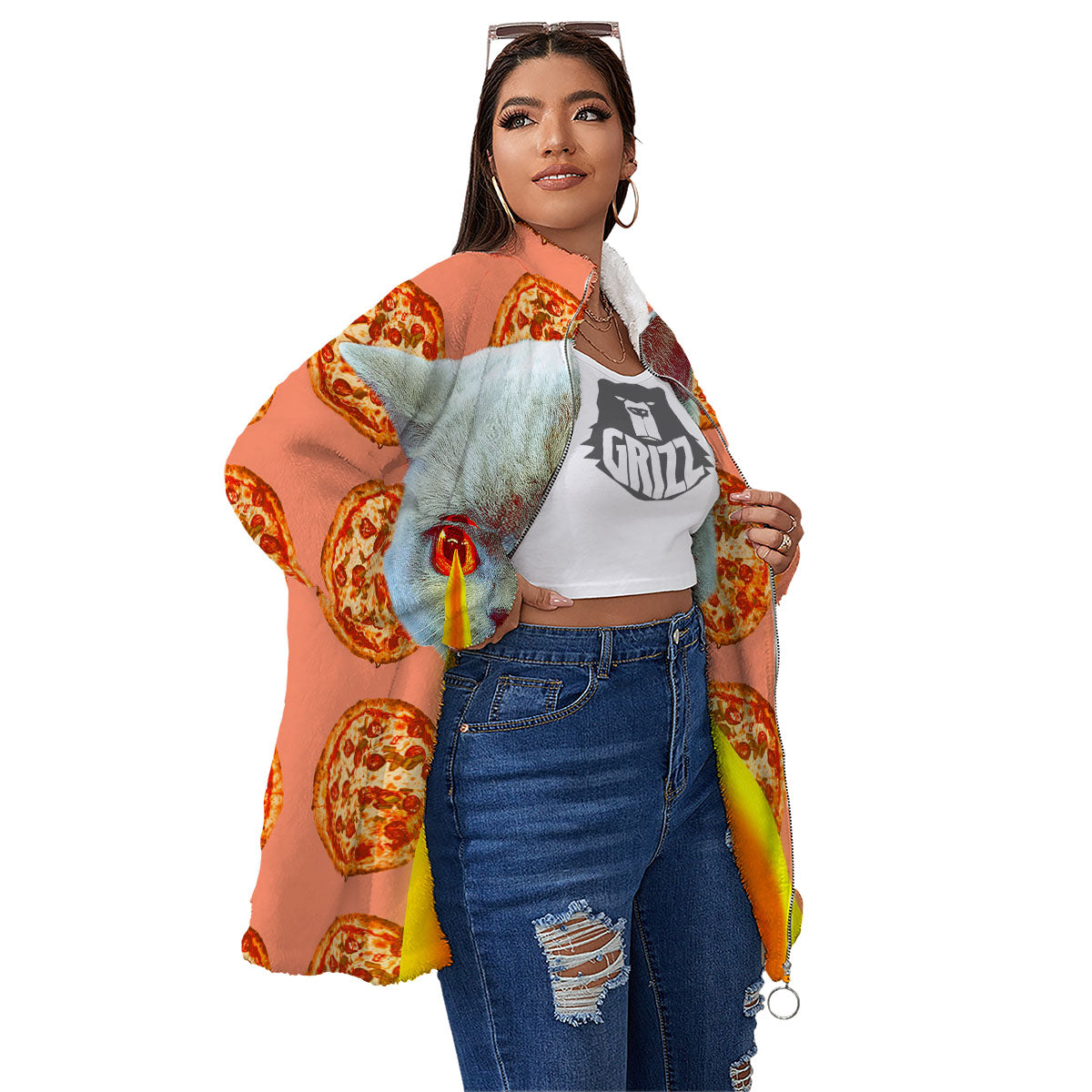 Pizza And Cat Print Women's Sherpa Jacket-grizzshop