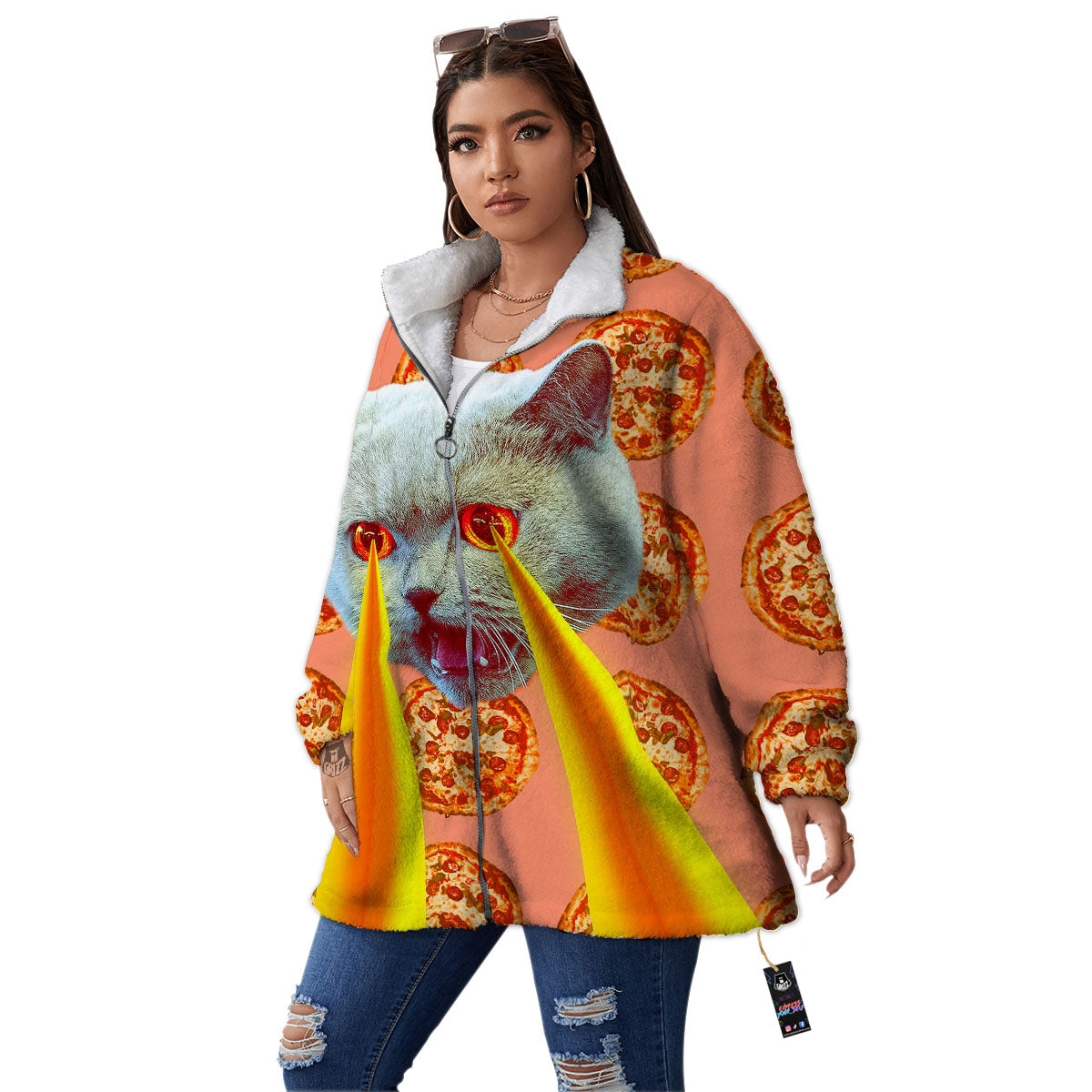 Pizza And Cat Print Women's Sherpa Jacket-grizzshop