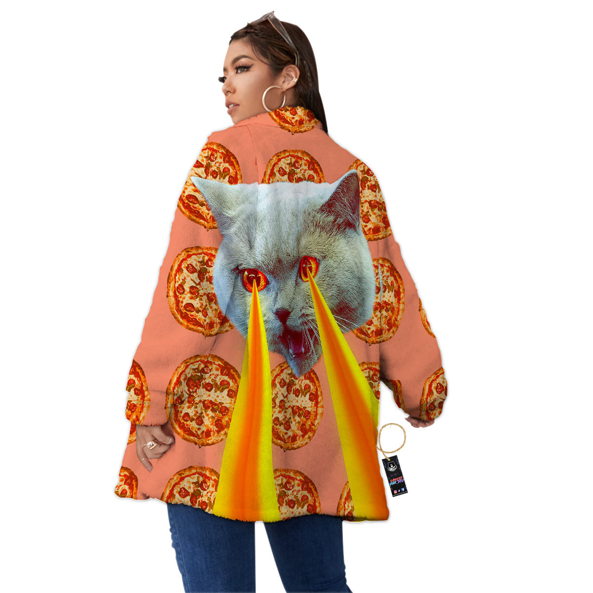 Pizza And Cat Print Women's Sherpa Jacket-grizzshop